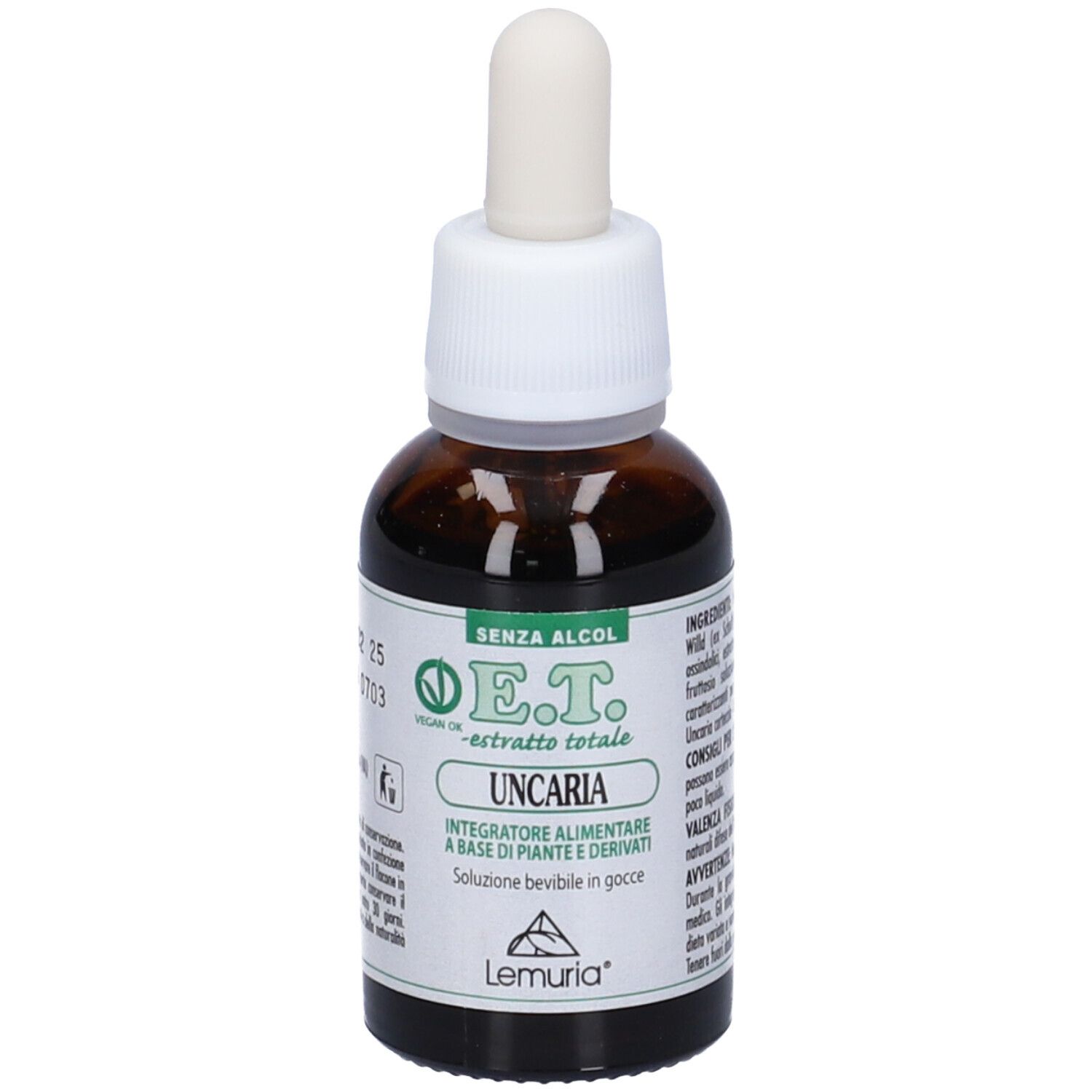 Flacone di vetro marrone con contagocce bianco. Scritta: E.T. - estratto totale UNCARIA. Senza alcool. Marchio: Lemuria.