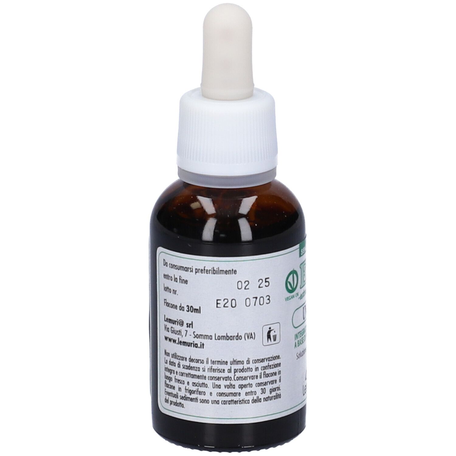 Flacone di vetro marrone con contagocce bianco. Scritta: E.T. - estratto totale UNCARIA. Senza alcool. Marchio: Lemuria. Testo sul retro.