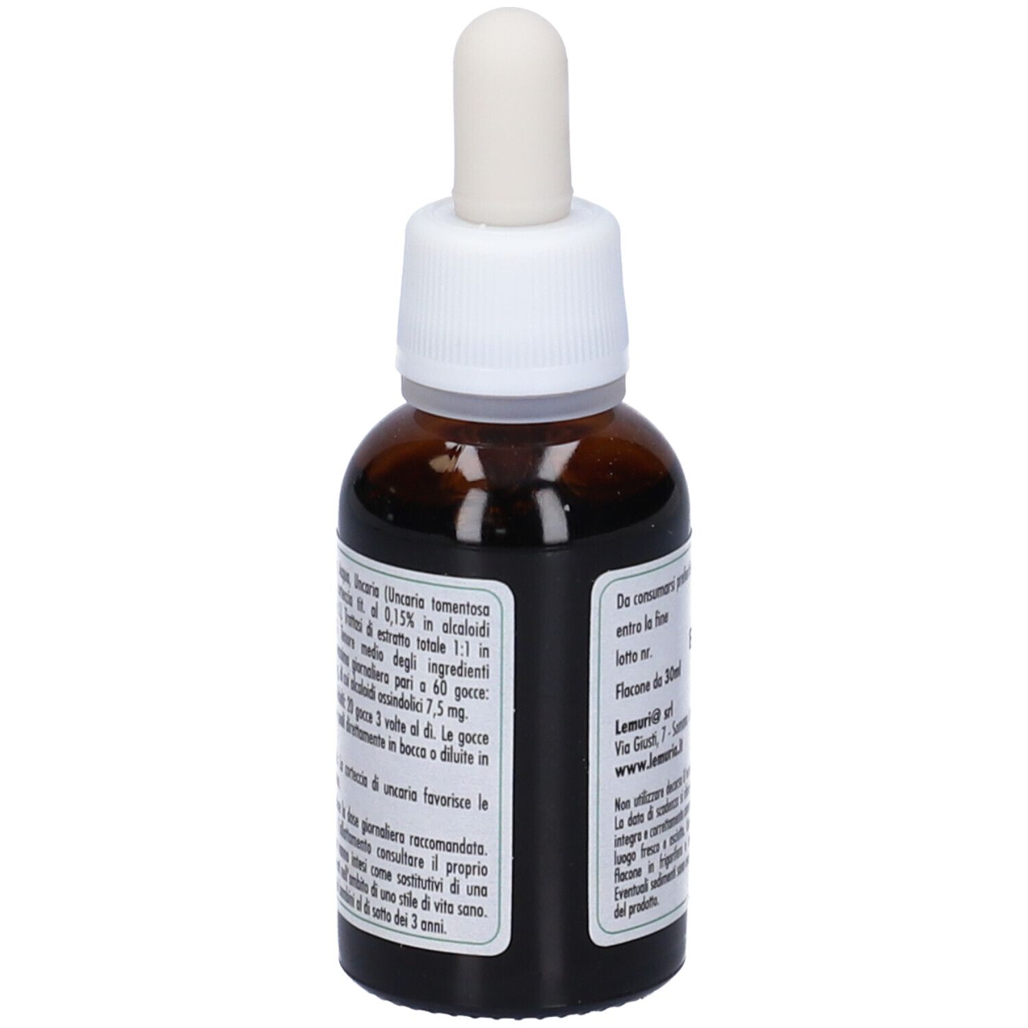 Flacone di vetro marrone con contagocce bianco. Scritta: E.T. - estratto totale UNCARIA. Senza alcool. Marchio: Lemuria. Testo sul retro.