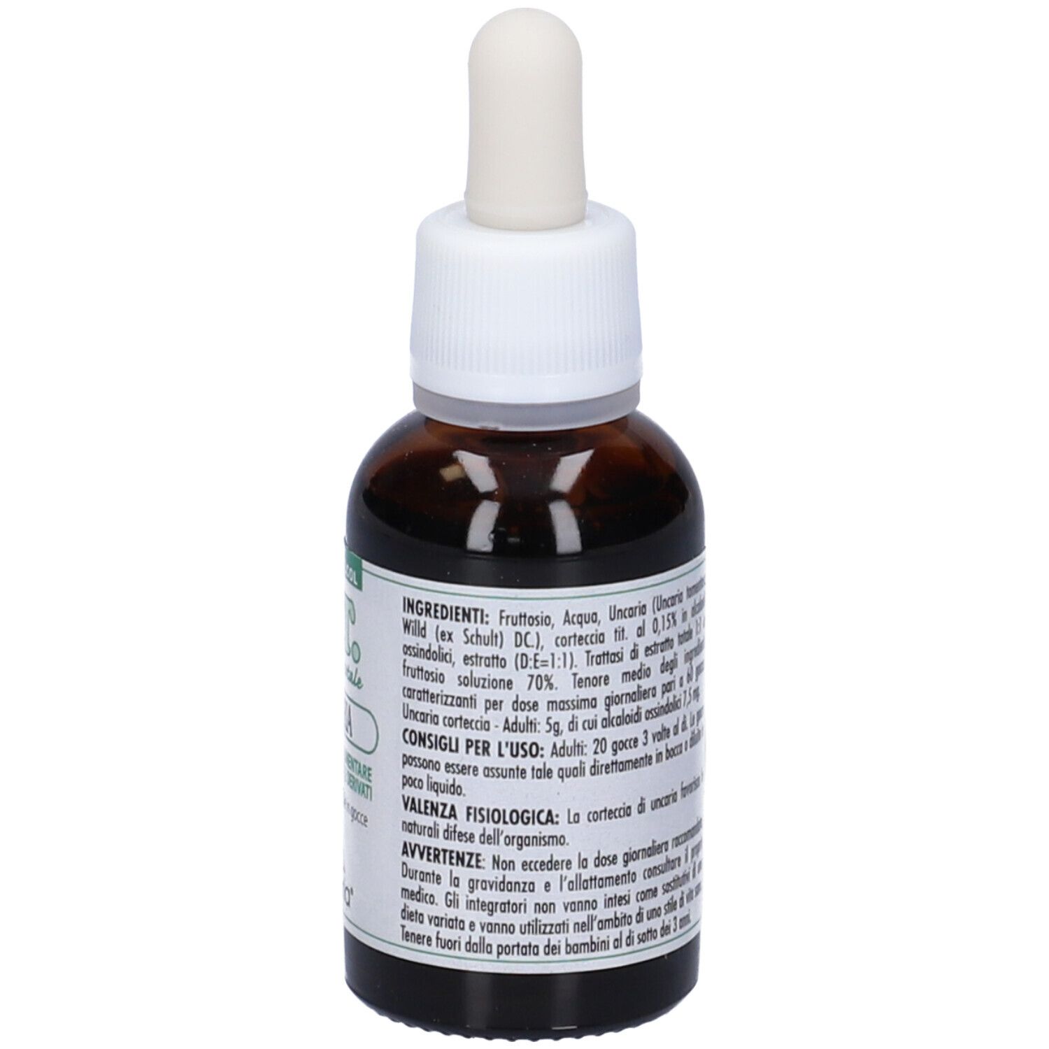 Flacone di vetro marrone con contagocce bianco. Scritta: E.T. - estratto totale UNCARIA. Senza alcool. Marchio: Lemuria. Testo sul retro.