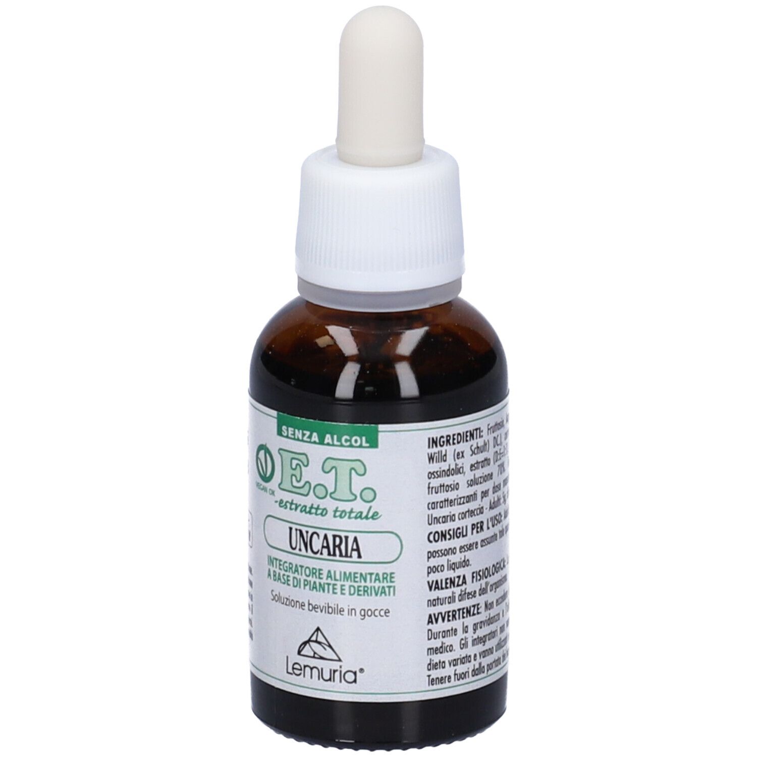 Flacone di vetro marrone con contagocce bianco. Scritta: E.T. - estratto totale UNCARIA. Senza alcool. Marchio: Lemuria. Testo sul retro.