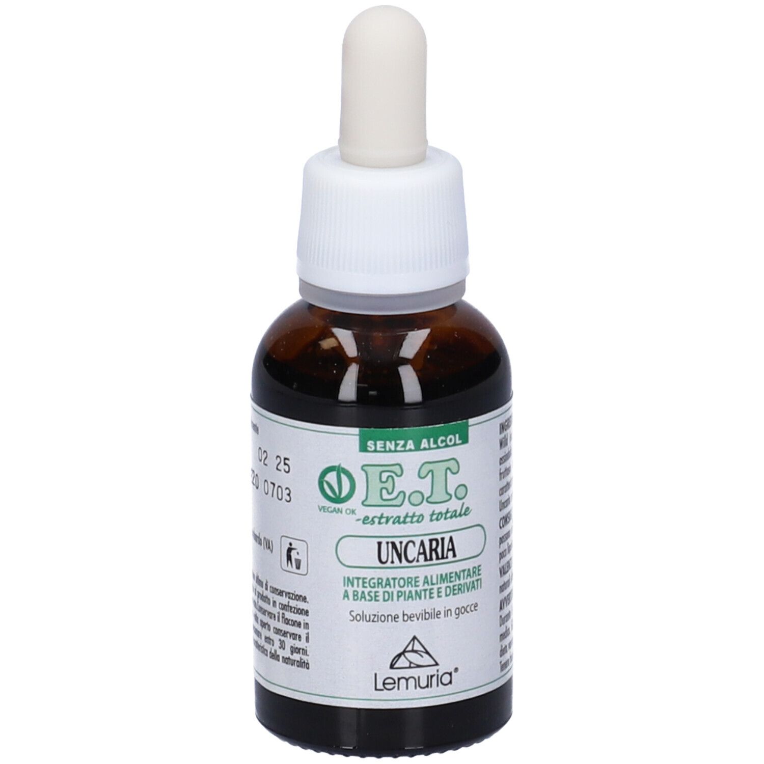 Flacone di vetro marrone con contagocce bianco. Scritta: E.T. - estratto totale UNCARIA. Senza alcool. Marchio: Lemuria. Testo sul retro.