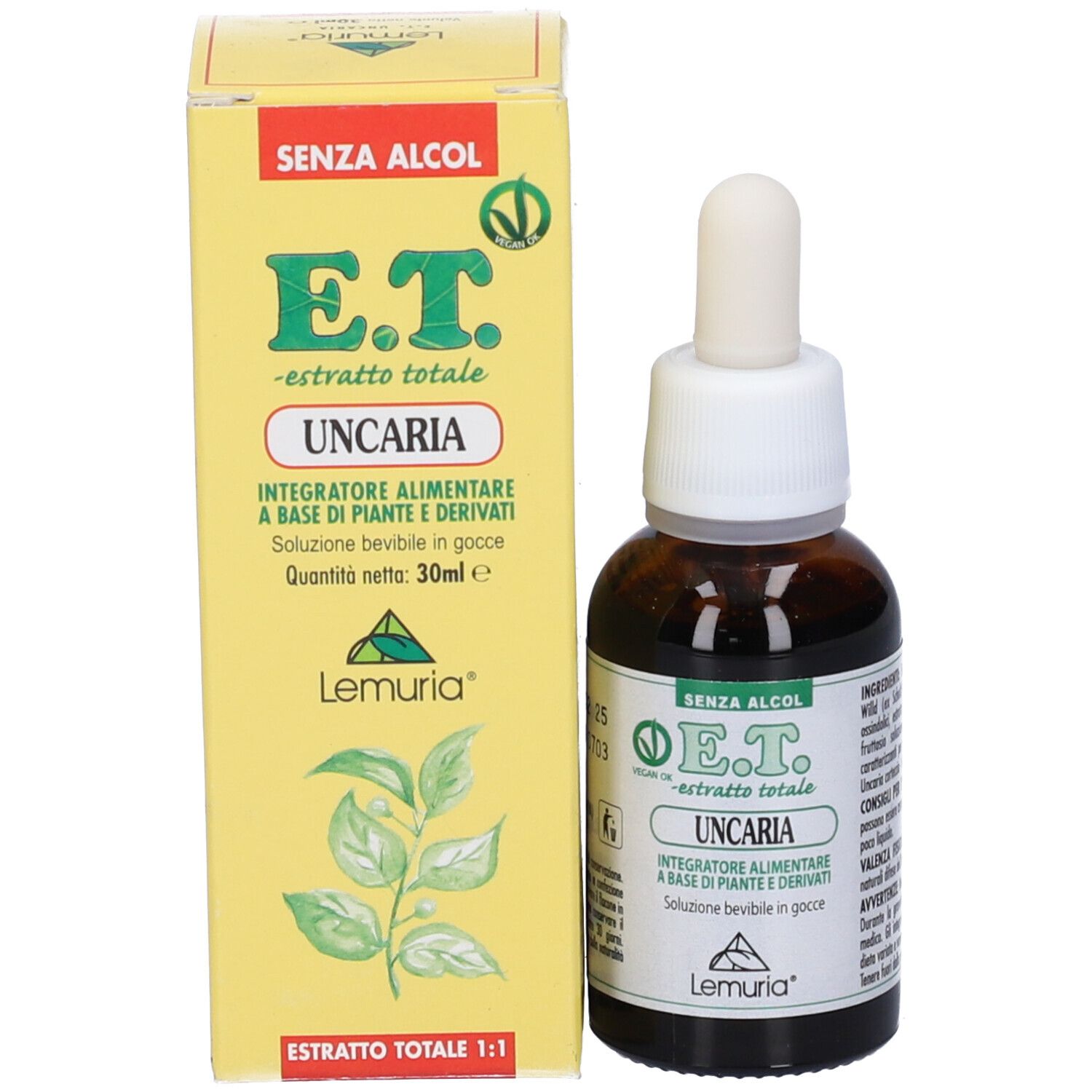 Confezione e flacone del prodotto. Scatola gialla e flacone di vetro marrone con contagocce bianco. Scritta: E.T. - estratto totale UNCARIA. Marchio: Lemuria.