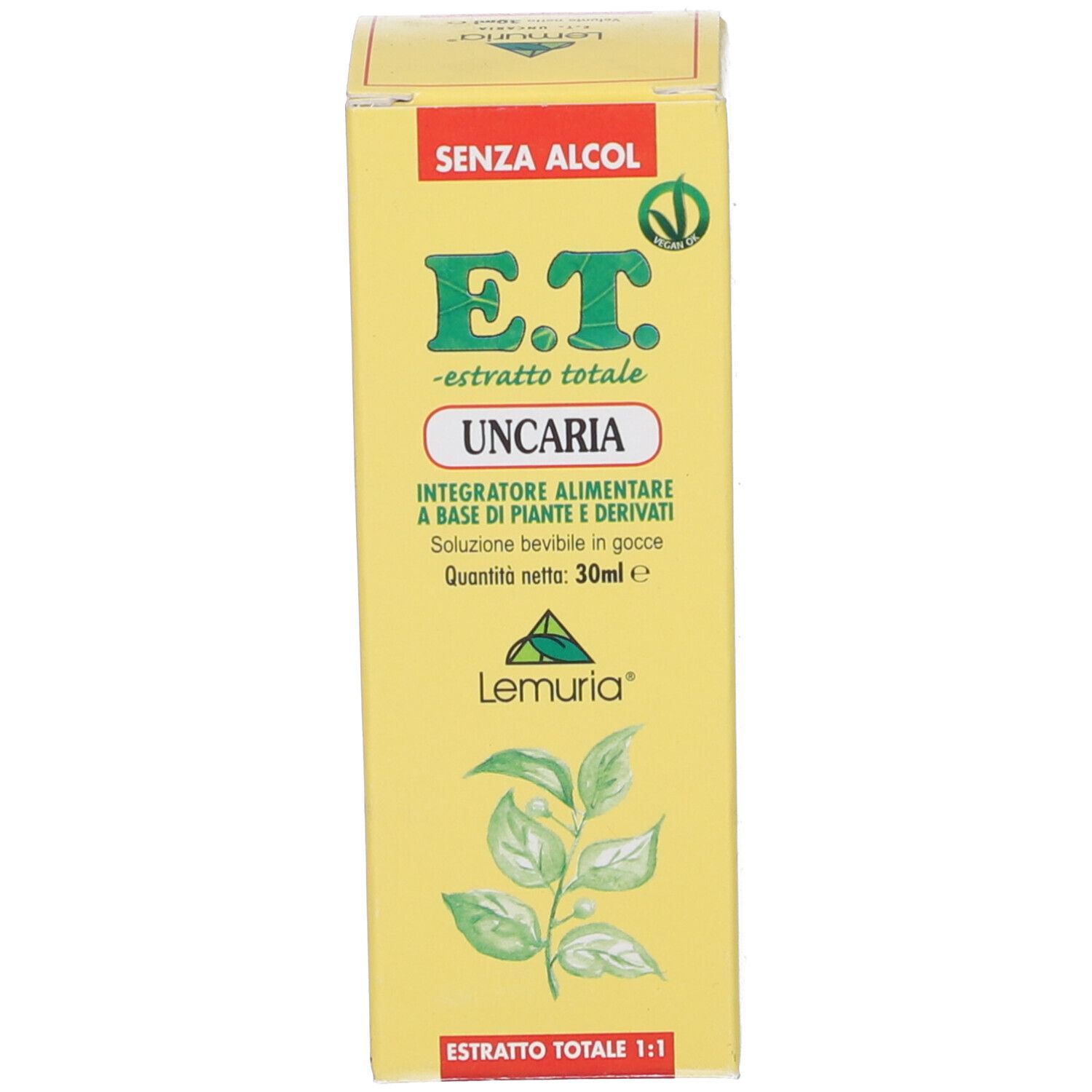 Scatola gialla con stampa del prodotto. Scritta: E.T. - estratto totale UNCARIA. Senza alcool. Marchio: Lemuria.