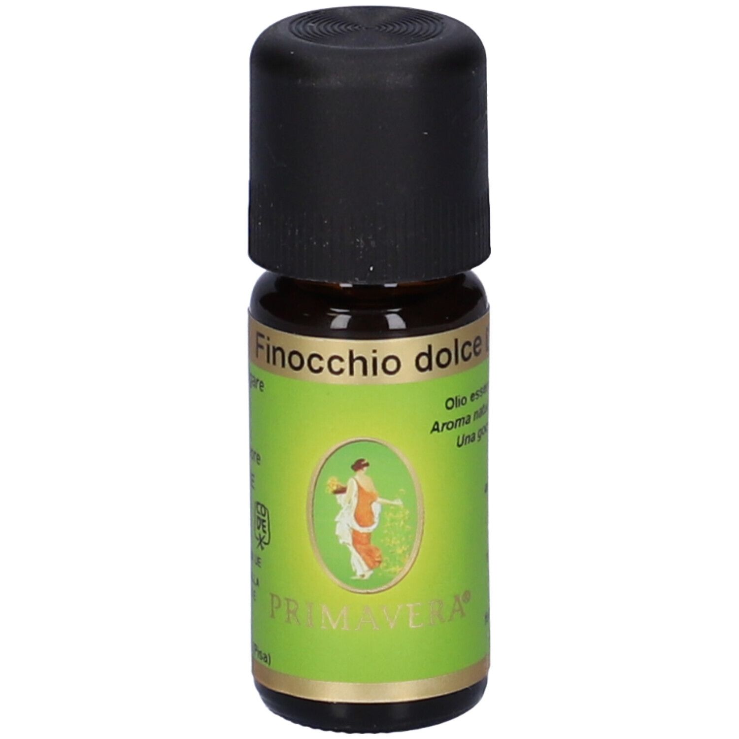 Flacone di vetro marrone con tappo nero ed etichetta verde. L'etichetta riporta "Finocchio dolce" e "Primavera".