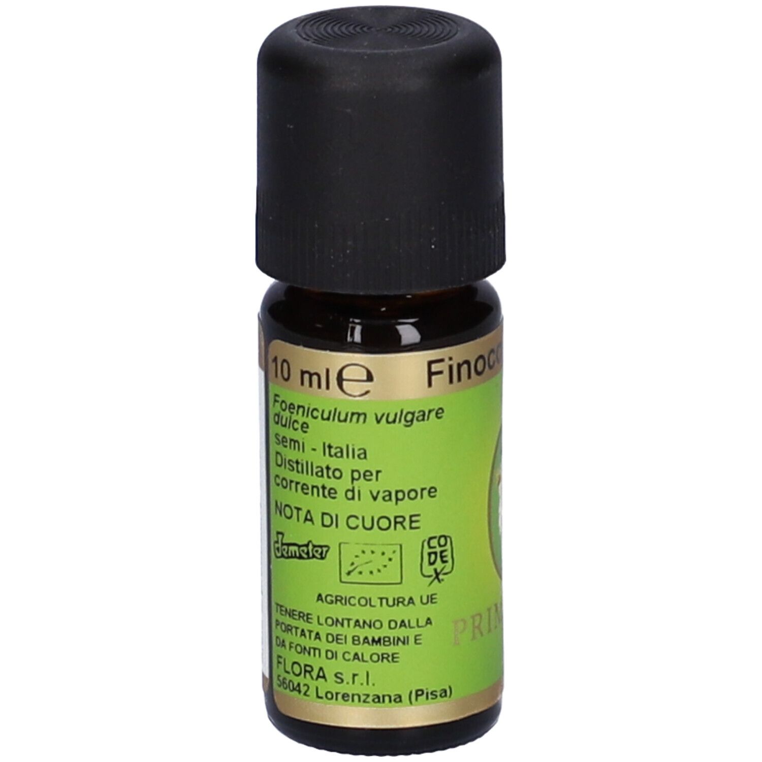 Flacone di vetro marrone con tappo nero ed etichetta verde. L'etichetta riporta "10 ml" e "Finocchio dolce".