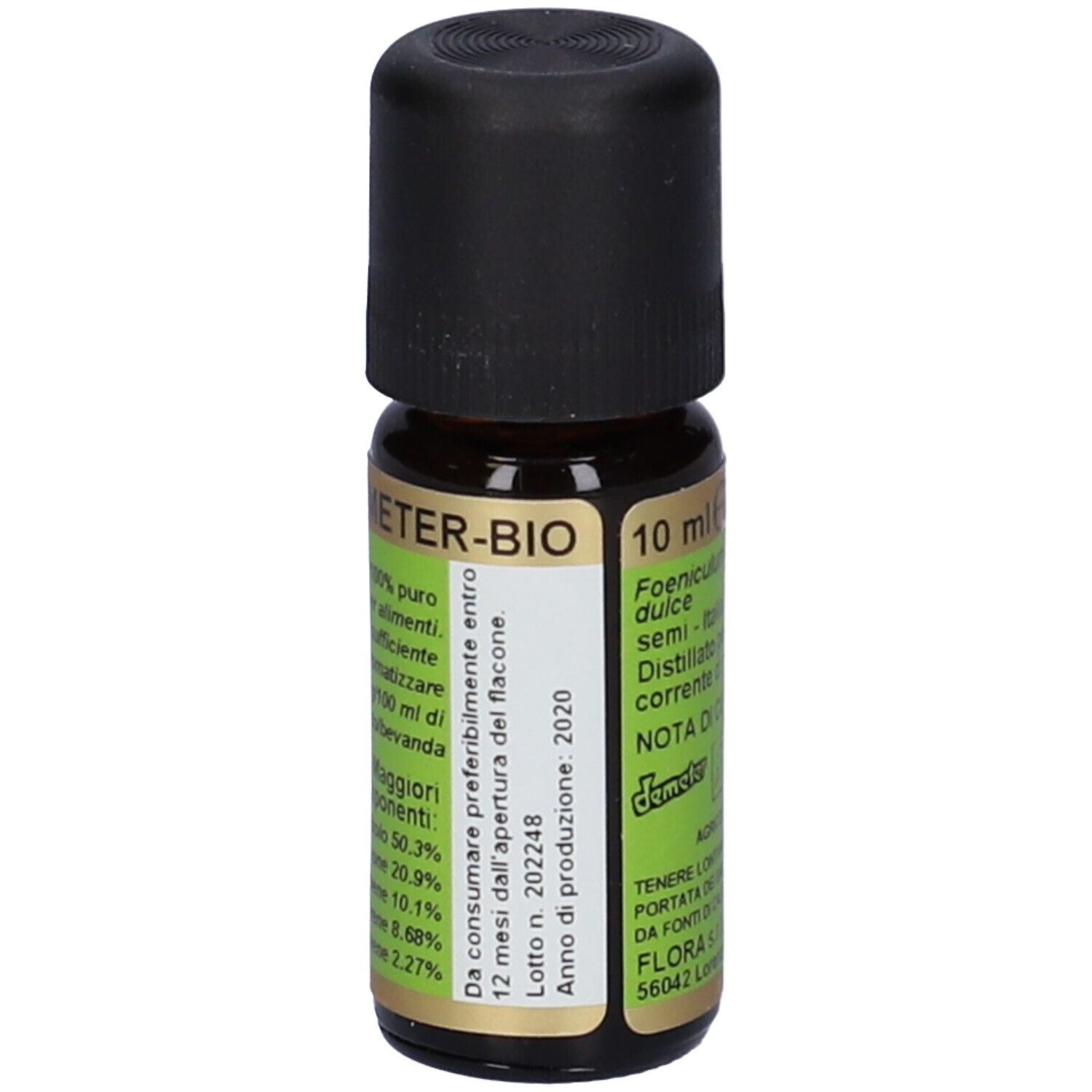 Flacone di vetro marrone con tappo nero ed etichetta verde. L'etichetta riporta "10 ml" e "Finocchio dolce".