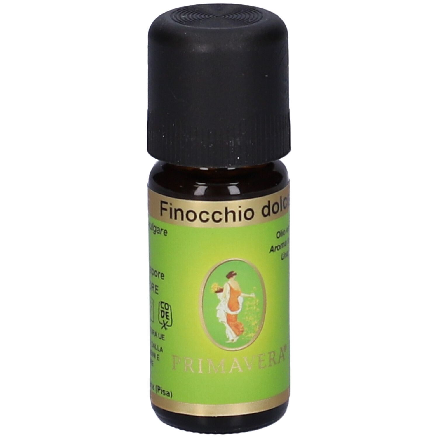 Flacone di vetro marrone con tappo nero ed etichetta verde. L'etichetta riporta "Finocchio dolce" e "Demeter".