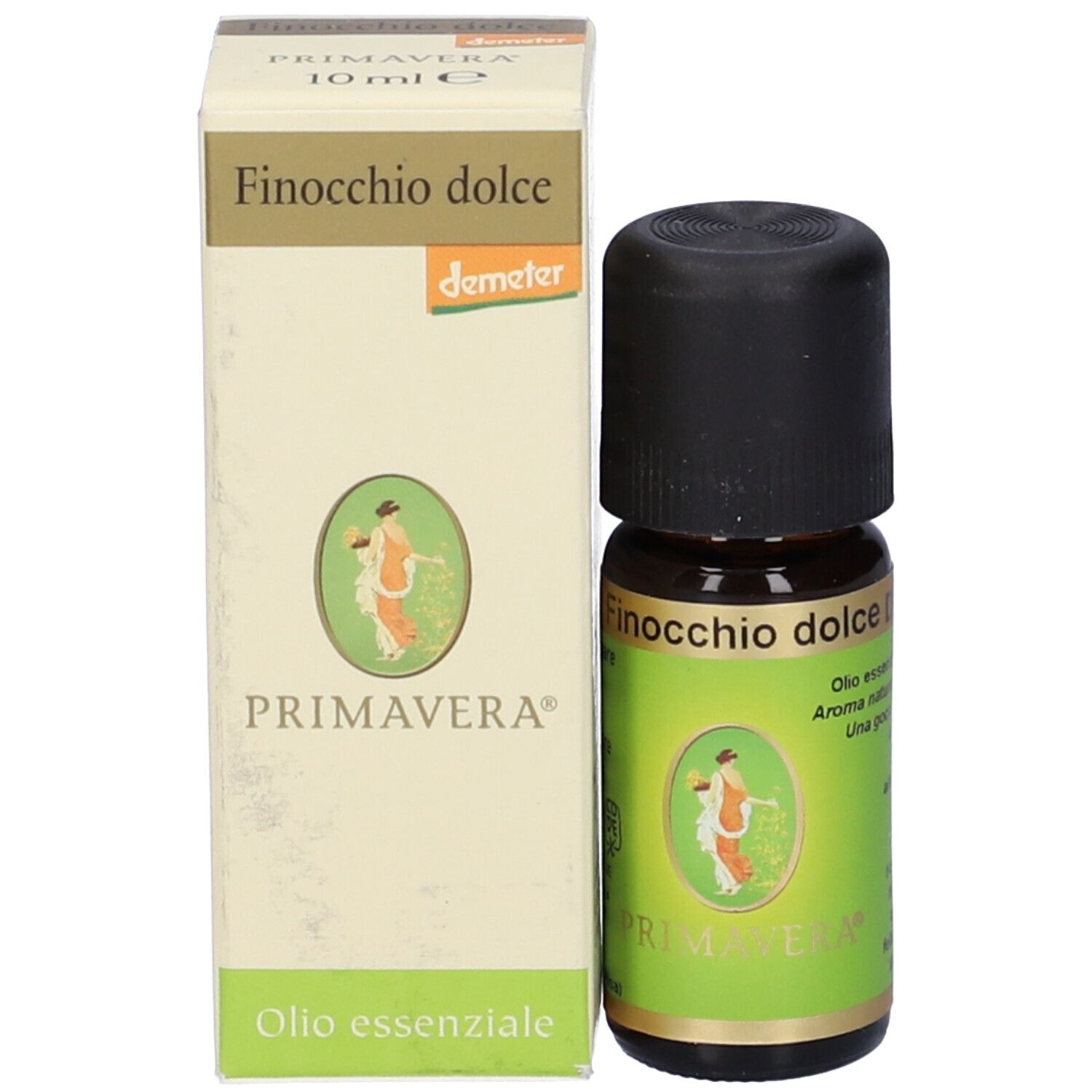 Flacone di vetro marrone con tappo nero ed etichetta verde. Accanto, una scatola con la scritta "Finocchio dolce" e "Primavera".