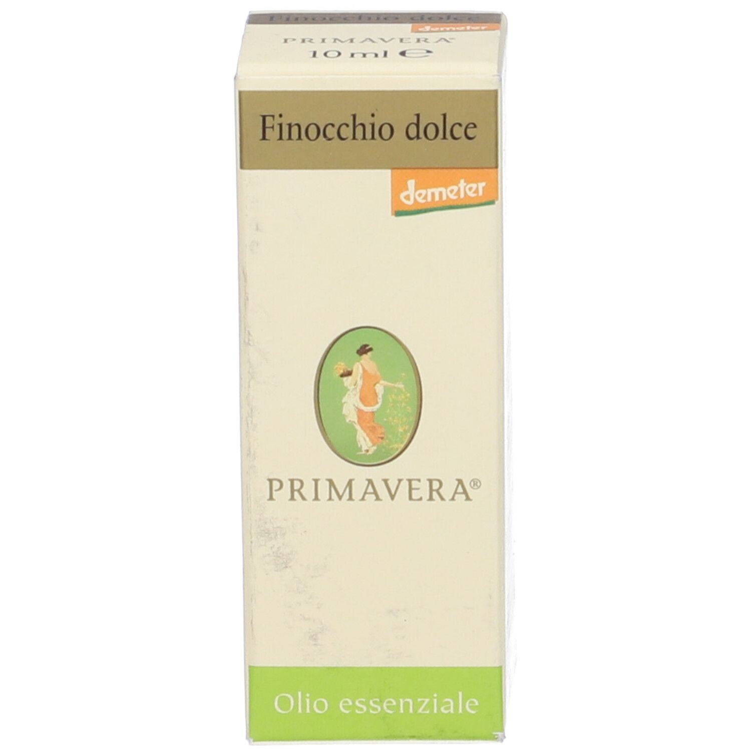 Scatola beige con la scritta "Finocchio dolce", "Demeter" e "Primavera".
