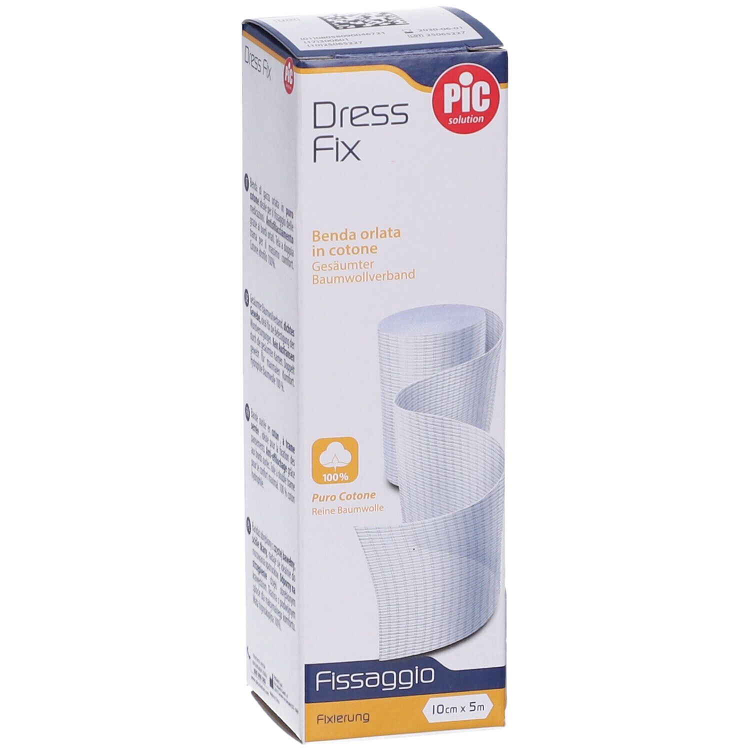 Confezione Dress Fix, Benda Orlata, 10x500 cm. Benda in cotone bianca. Logo PIC. Testo: Fissaggio, 100% Pura Cotone.