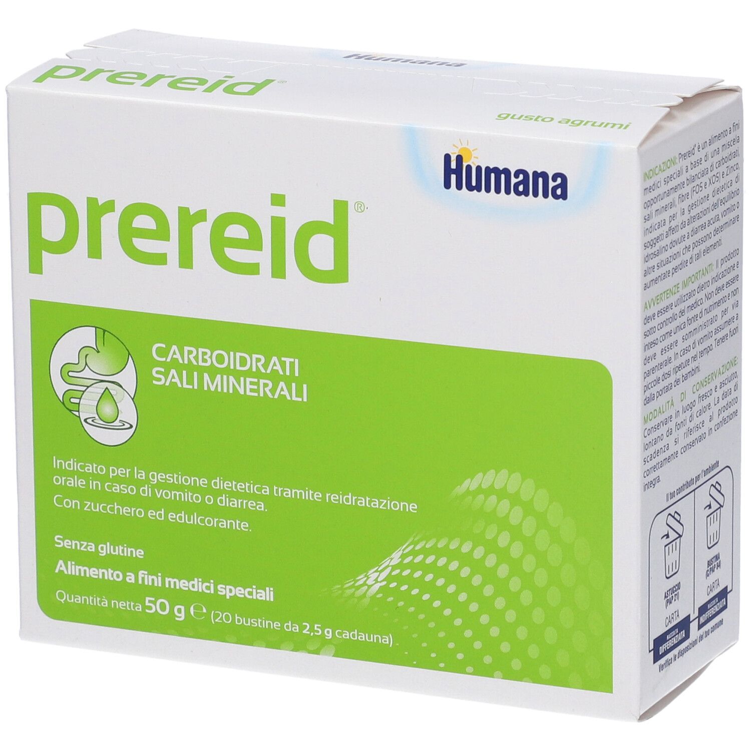 Scatola bianca con riquadro verde. Scritto: Prereid, Humana. Contiene carboidrati, sali minerali. 20 bustine.