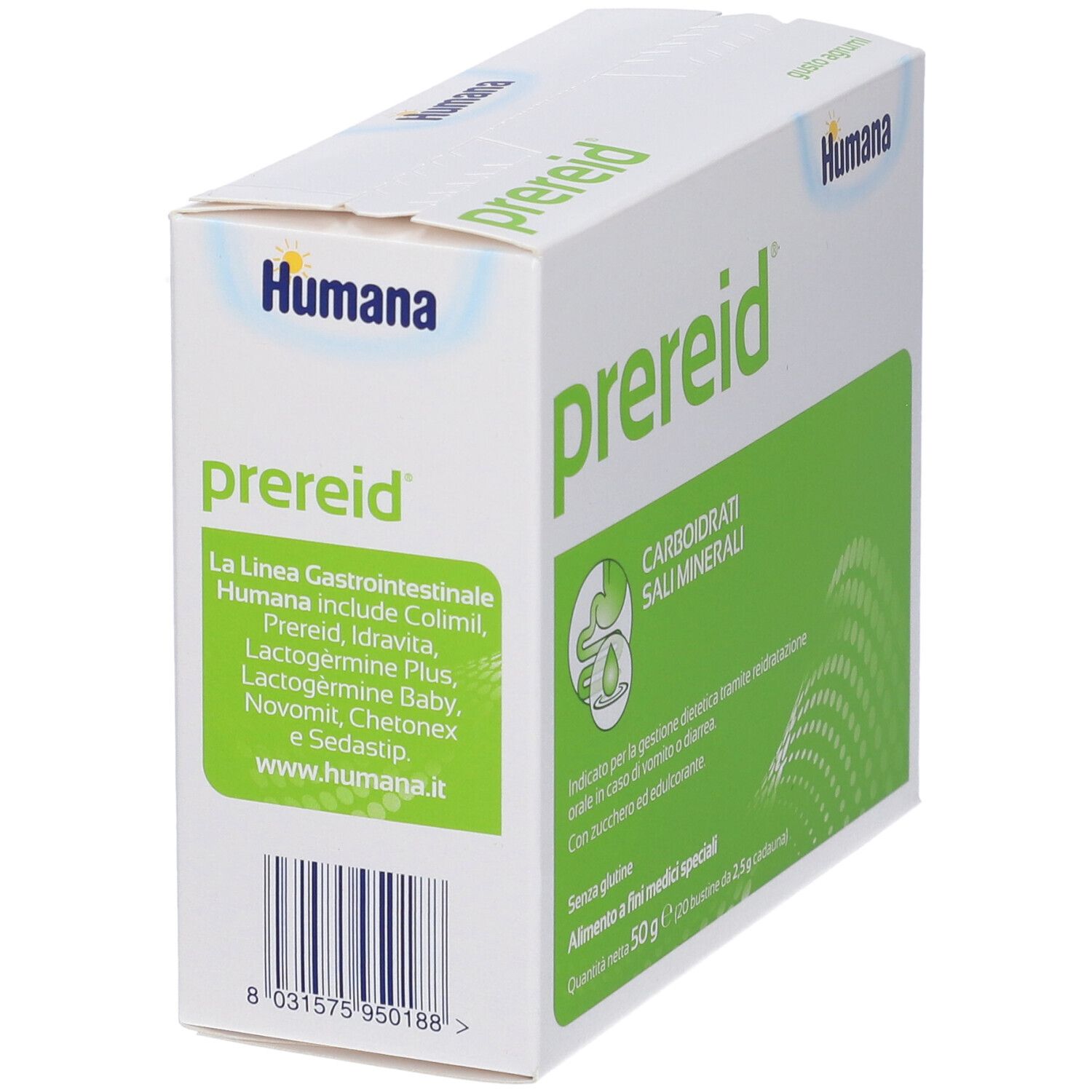 Scatola con riquadro verde. Scritto: Prereid, Humana. Contiene carboidrati, sali minerali. Ingredienti e marchio.