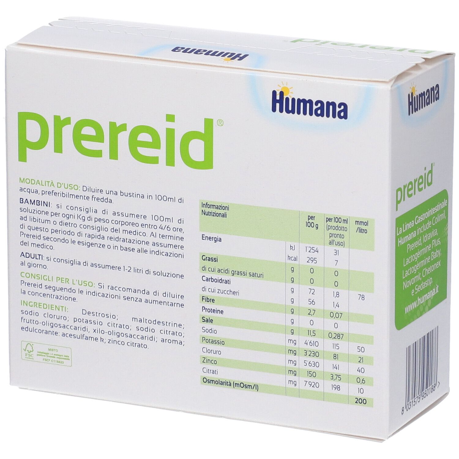 Scatola con riquadro verde. Scritto: Prereid, Humana. Contiene carboidrati, sali minerali. Informazioni nutrizionali.