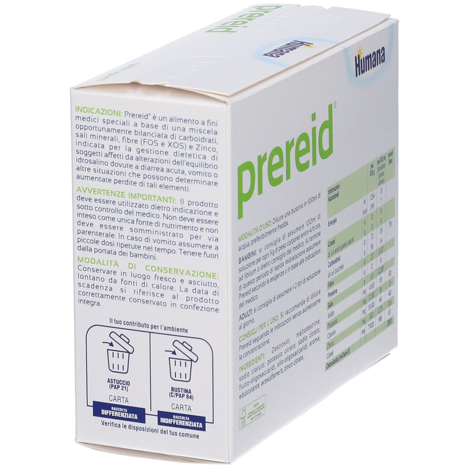 Scatola con riquadro verde. Scritto: Prereid, Humana. Contiene carboidrati, sali minerali. Istruzioni per l'uso.