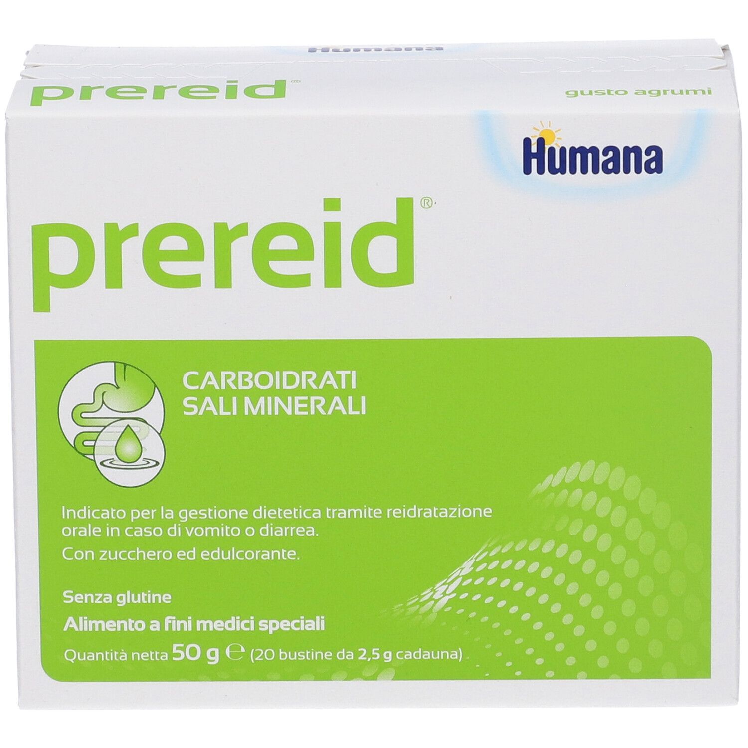Scatola bianca con riquadro verde. Scritto: Prereid, Humana. Contiene carboidrati, sali minerali. 20 bustine.