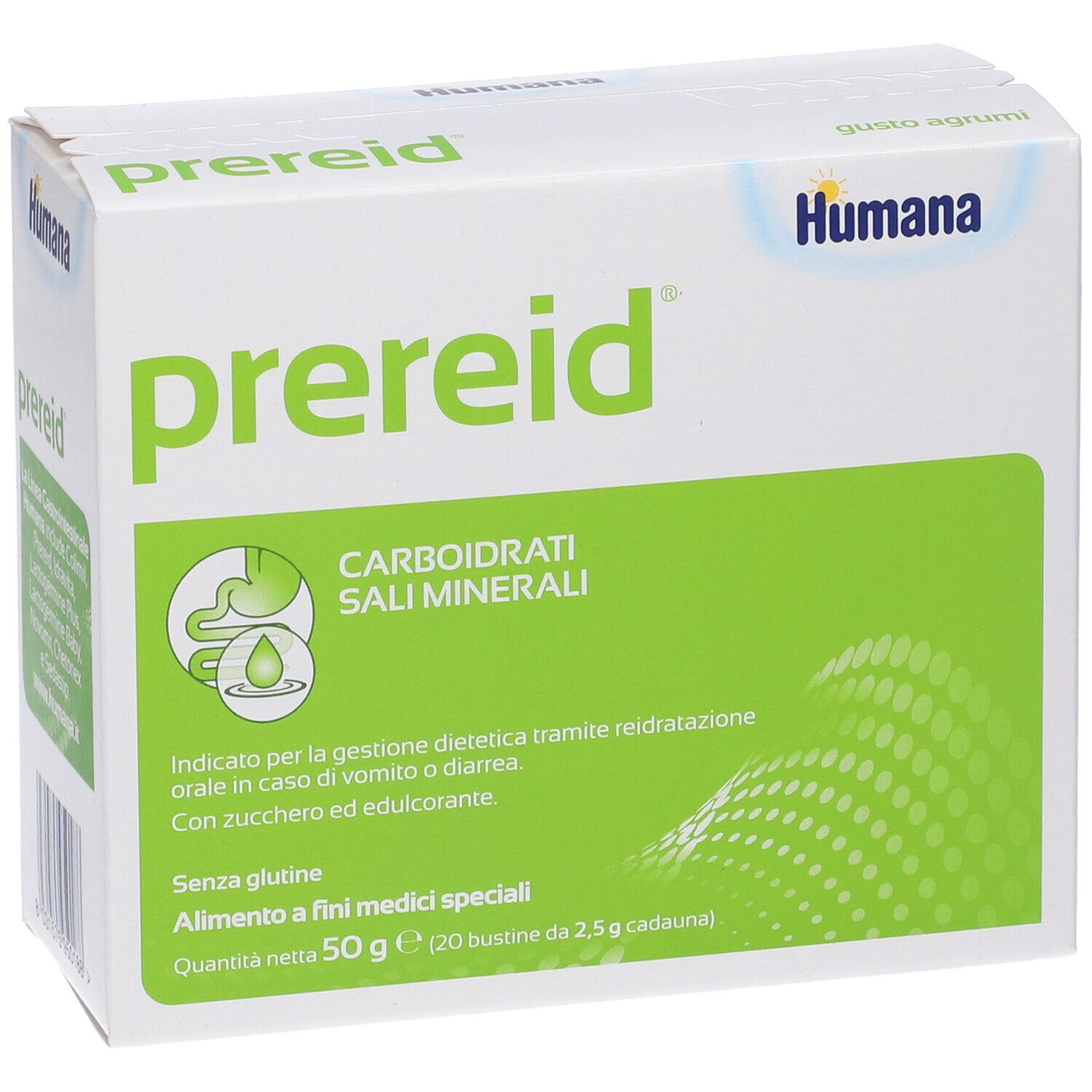 Scatola bianca con riquadro verde. Scritto: Prereid, Humana. Contiene carboidrati, sali minerali. 20 bustine.