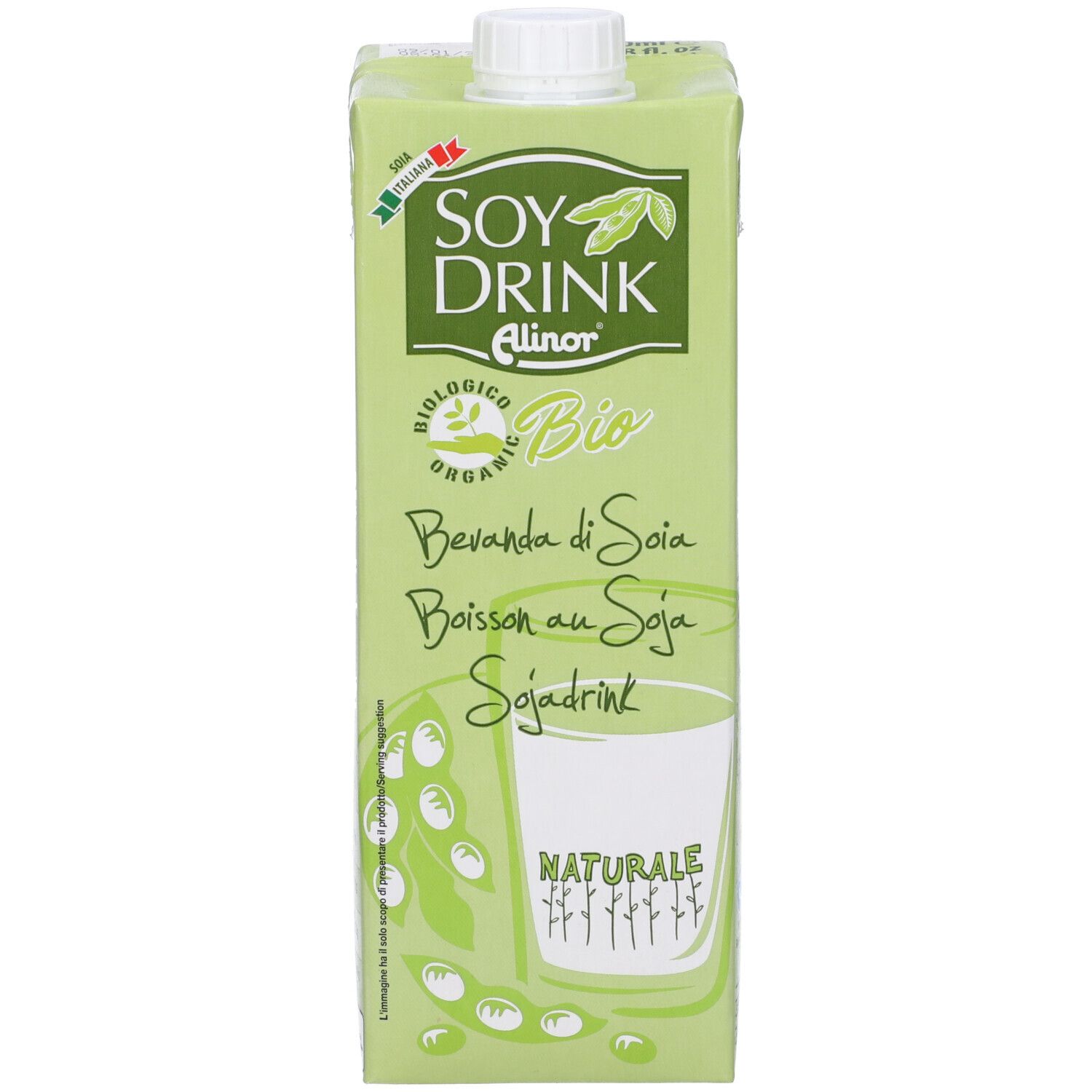 Confezione verde 'SOY DRINK'. Scritte 'Bio' e 'Naturale' visibili.