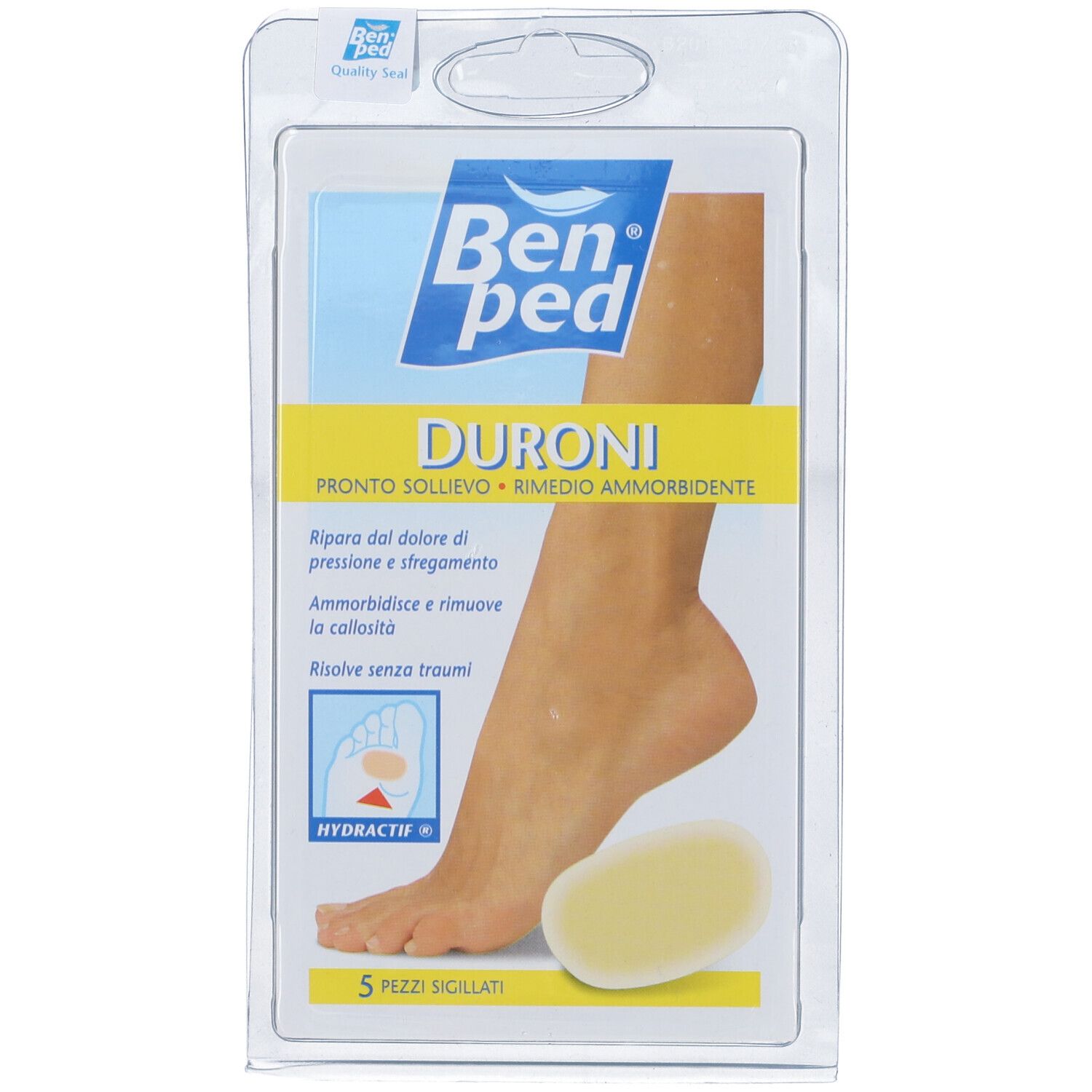 Confezione di cerotti per piedi. Scritta 'Benped Duroni'. Prodotto in plastica trasparente.