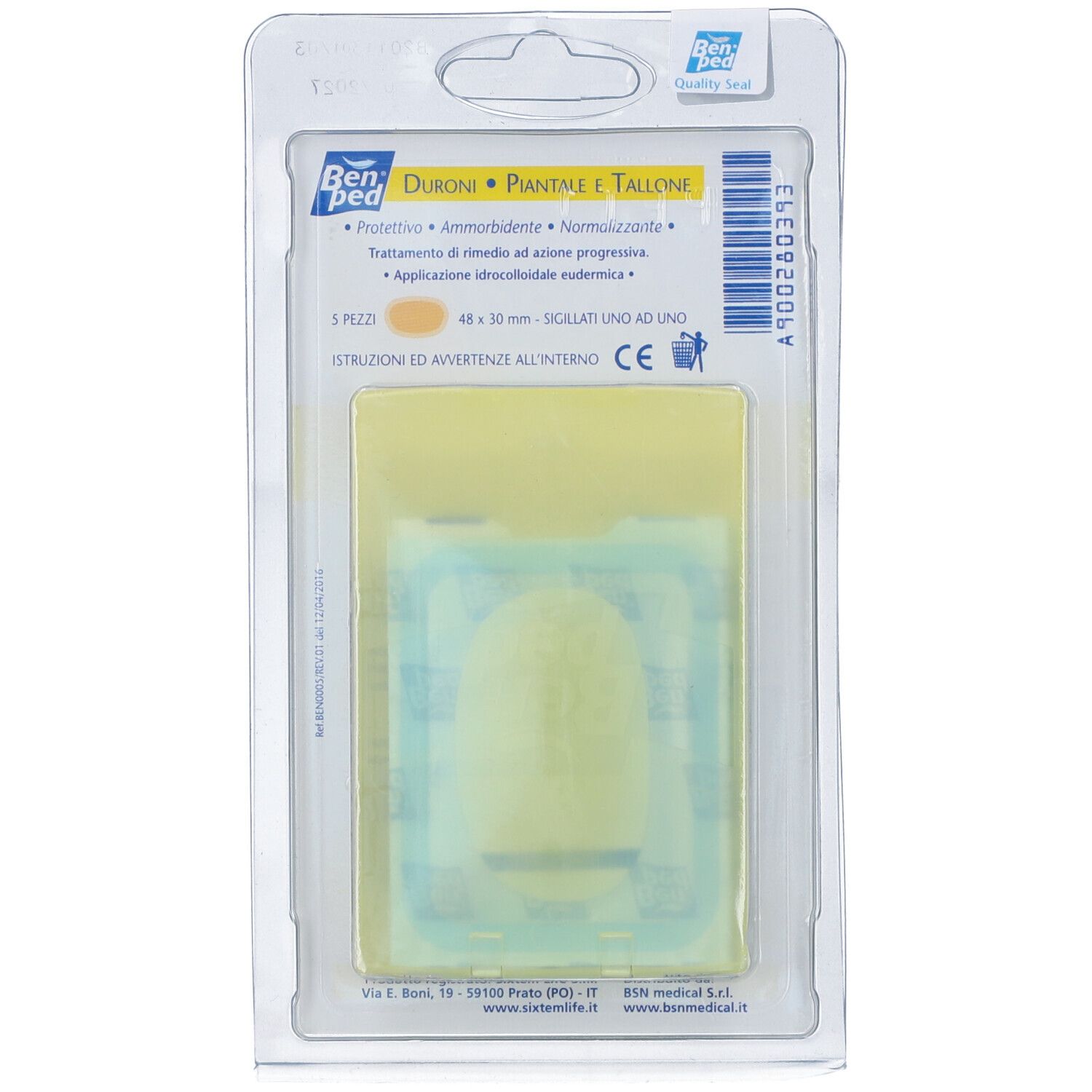 Confezione di cerotti per piedi. Scritta 'Benped Duroni'. 3 pezzi in blister.