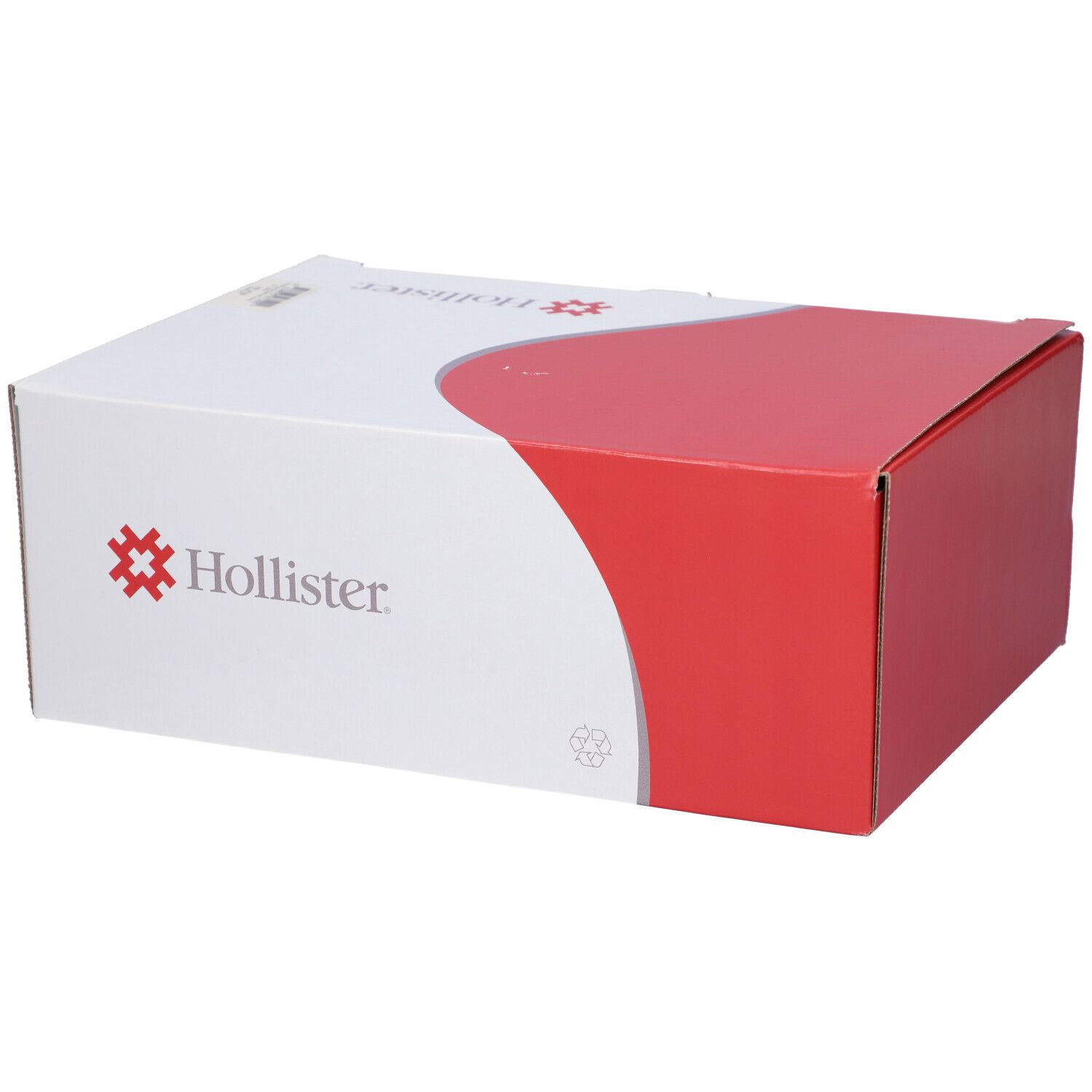 Scatola bianca e rossa. Logo Hollister. Forma quadrata.