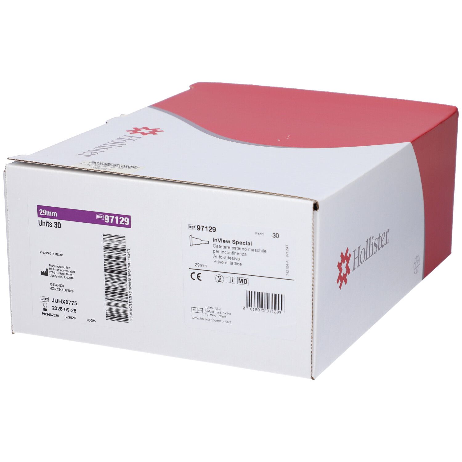 Scatola con informazioni prodotto. Hollister, 29mm, 30 pezzi, marchio CE.