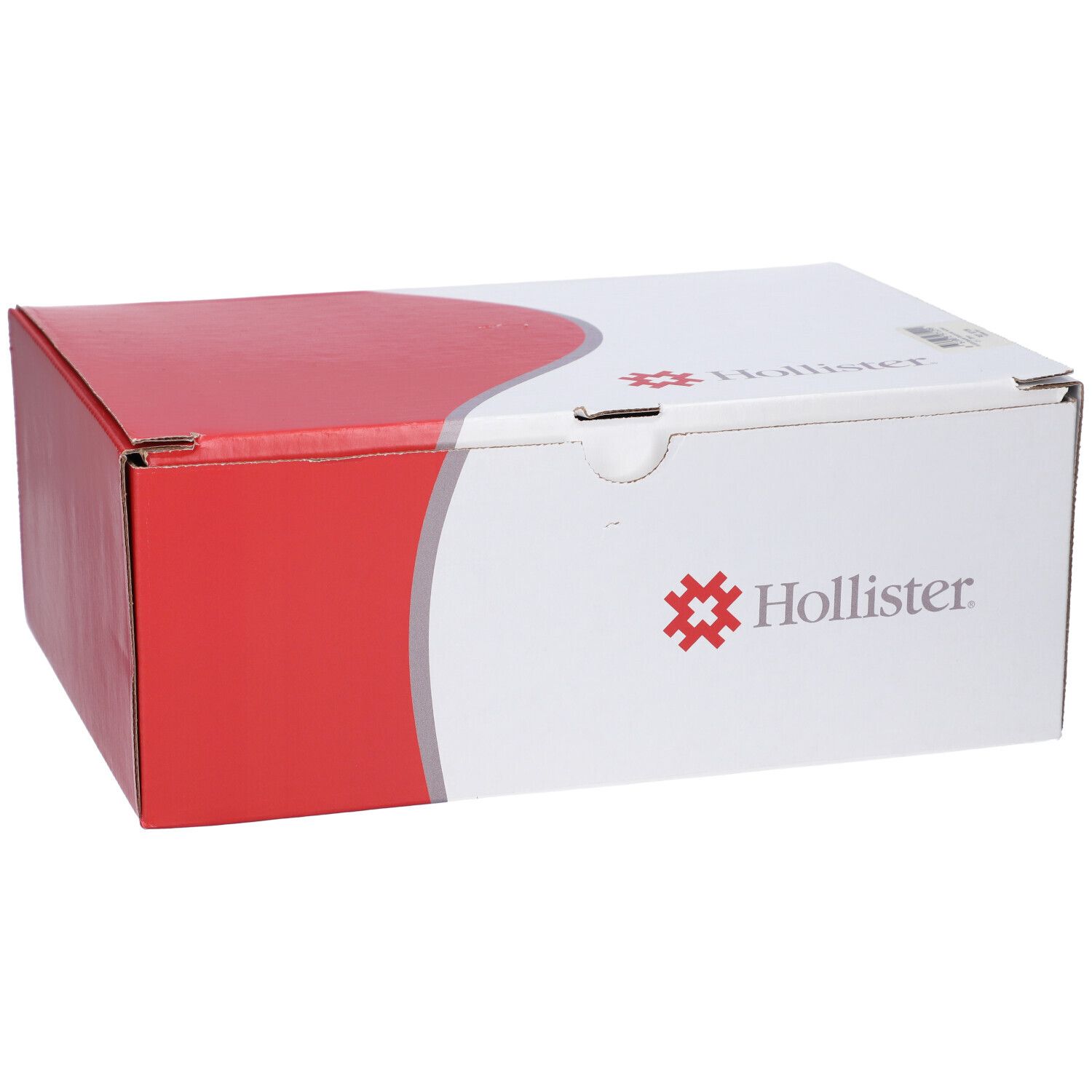 Scatola bianca e rossa. Logo Hollister. Forma quadrata.