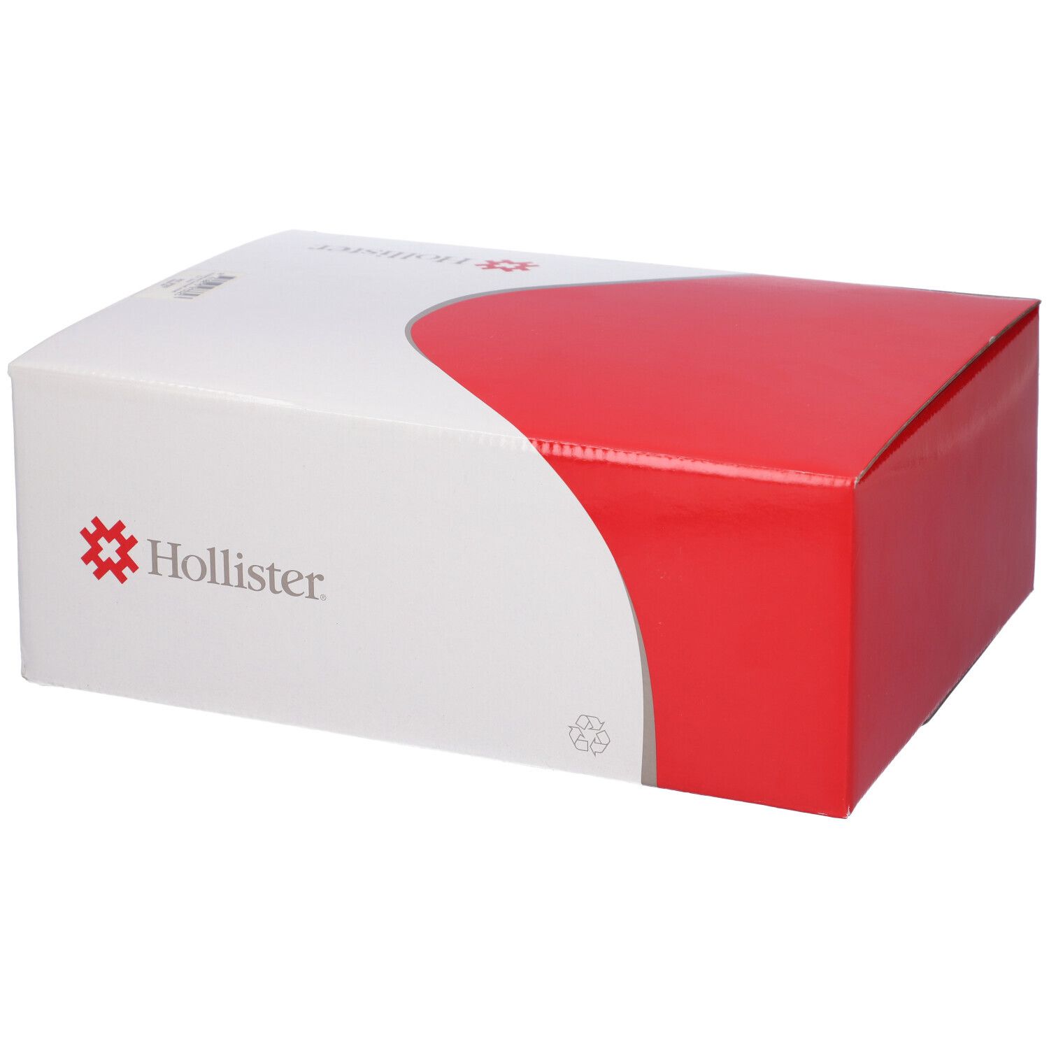 Scatola bianca e rossa Hollister. Cartone con lato rosso e parte superiore bianca.