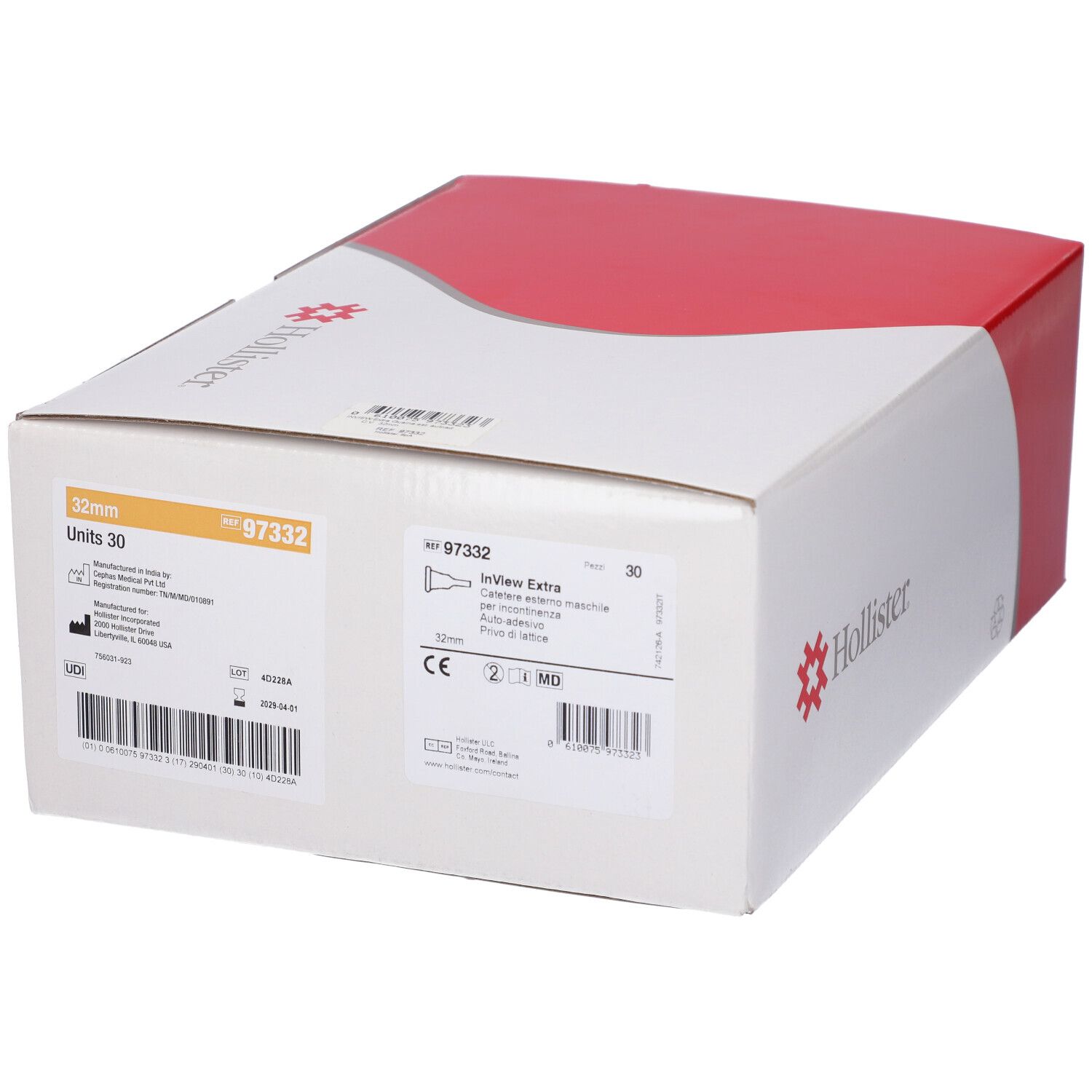 Scatola bianca e rossa Hollister. Informazioni sul prodotto e logo sul cartone.