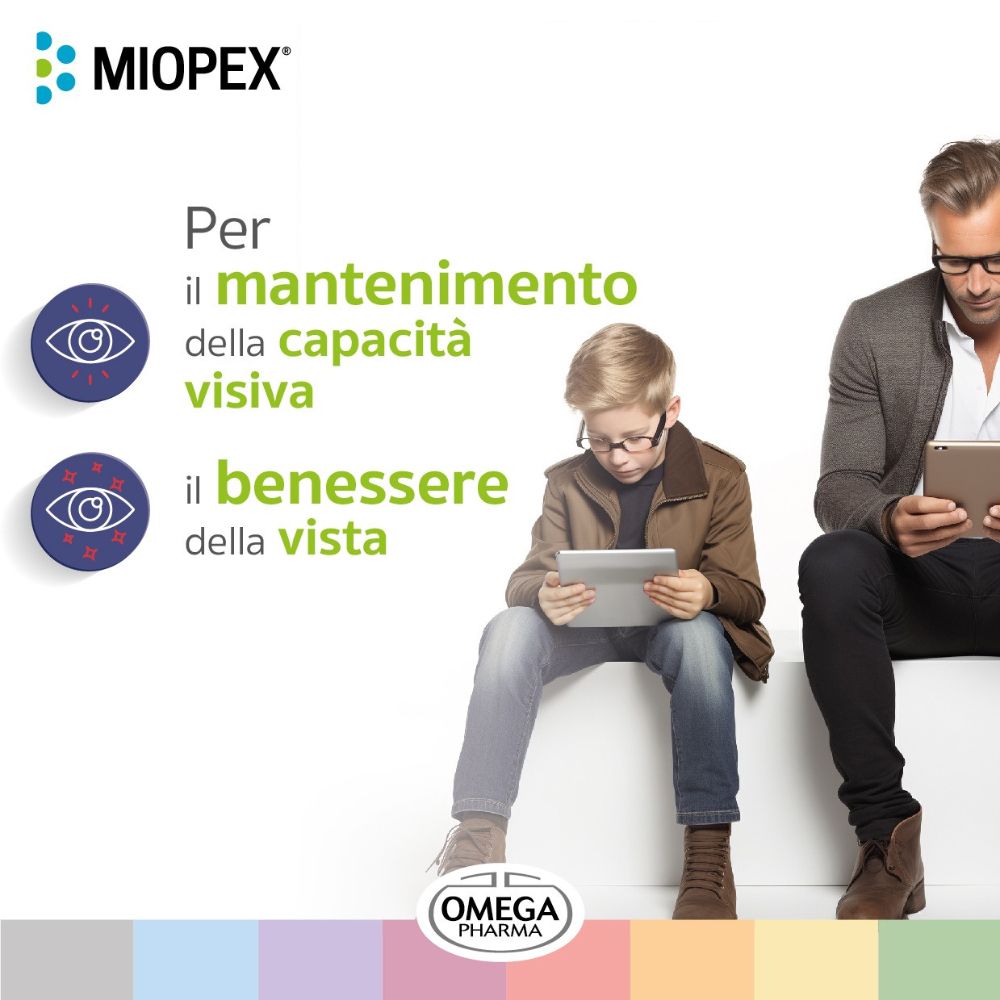 Immagine pubblicitaria con persone e tablet. Logo MIOPEX®. Testo: Per il mantenimento della capacità visiva e il benessere della vista.