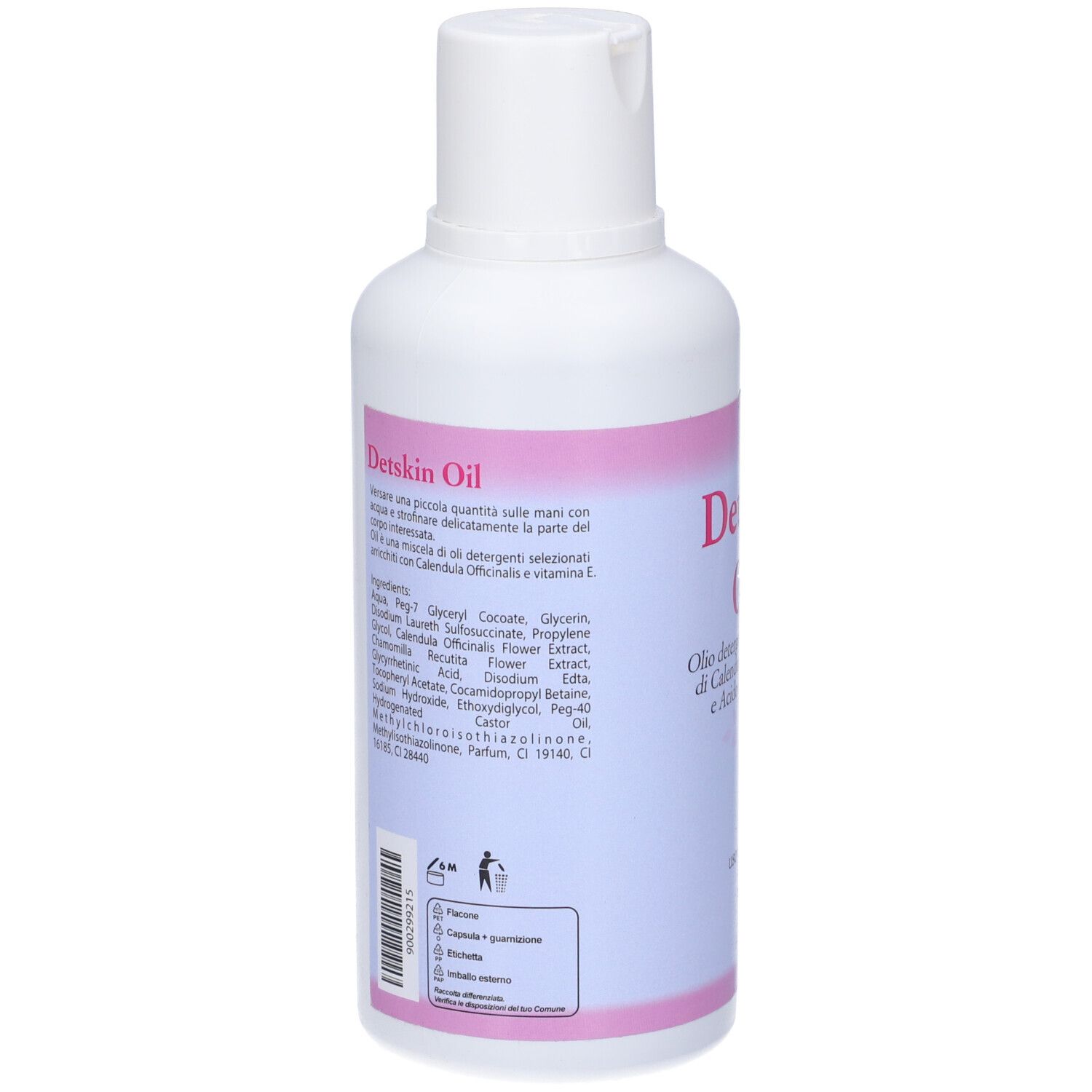 Retro del flacone bianco. Etichetta rosa con ingredienti e istruzioni. Simboli di smaltimento.