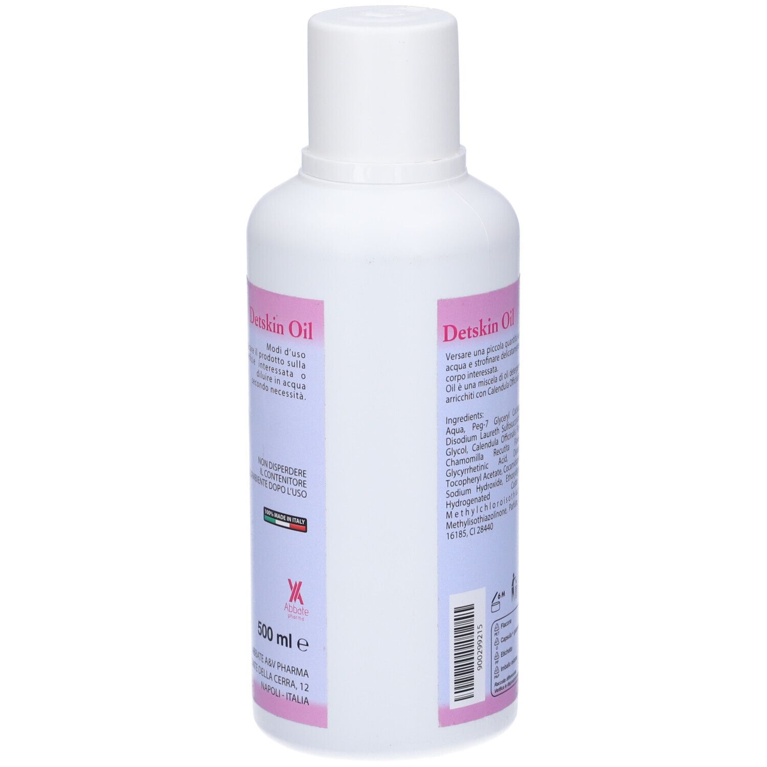 Flacone bianco, retro con etichetta rosa. Contiene ingredienti e istruzioni. 500 ml.