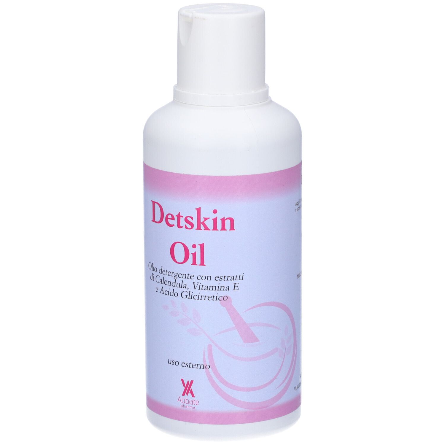 Flacone bianco con etichetta rosa. Scritta: Detskin Oil. Contiene estratti di calendula, vitamina E e acido glicirretico. Uso esterno.