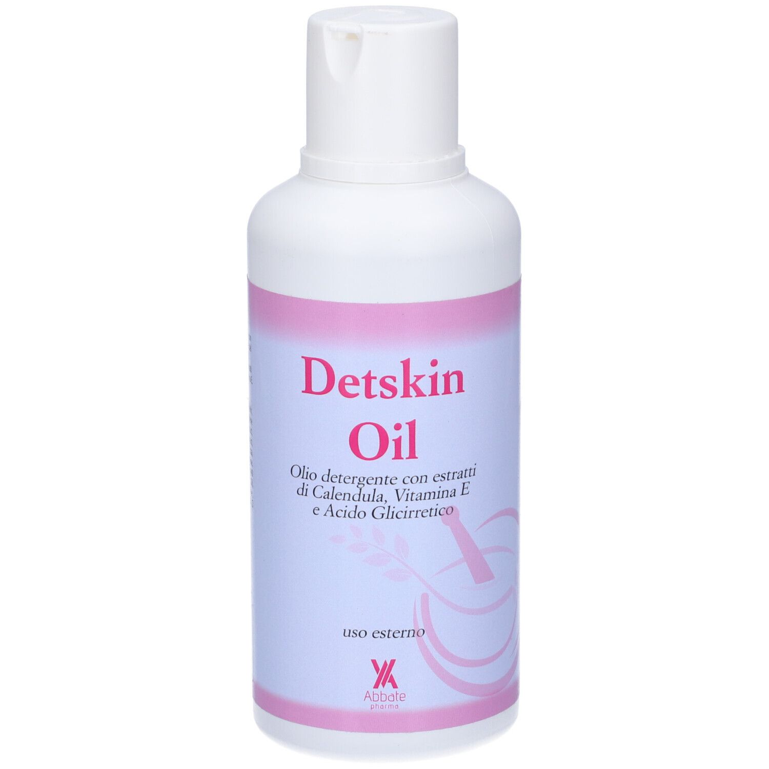 Flacone bianco con etichetta rosa. Scritta: Detskin Oil. Contiene estratti di calendula, vitamina E e acido glicirretico. Uso esterno.