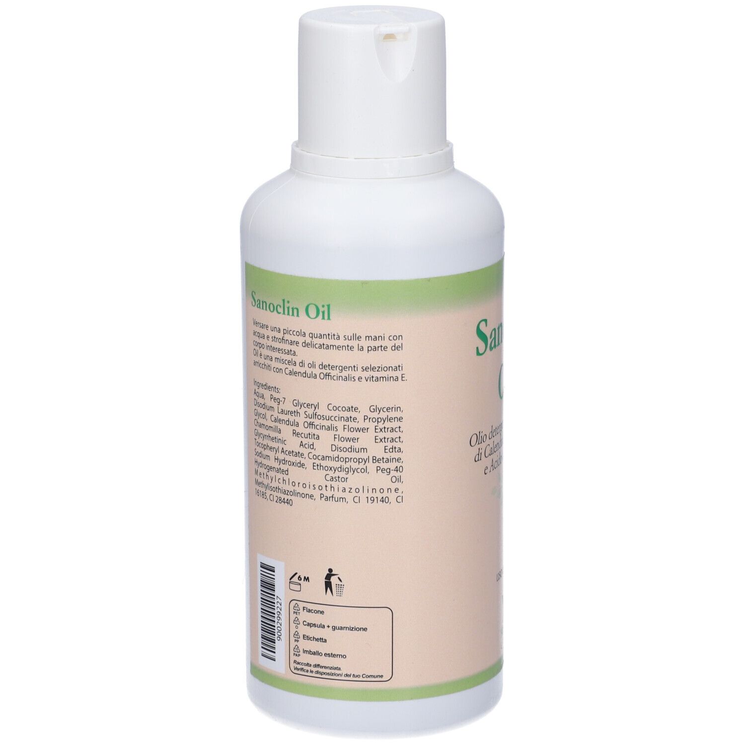 Retro del flacone bianco. Etichetta con ingredienti e istruzioni in italiano. Simboli di riciclaggio.