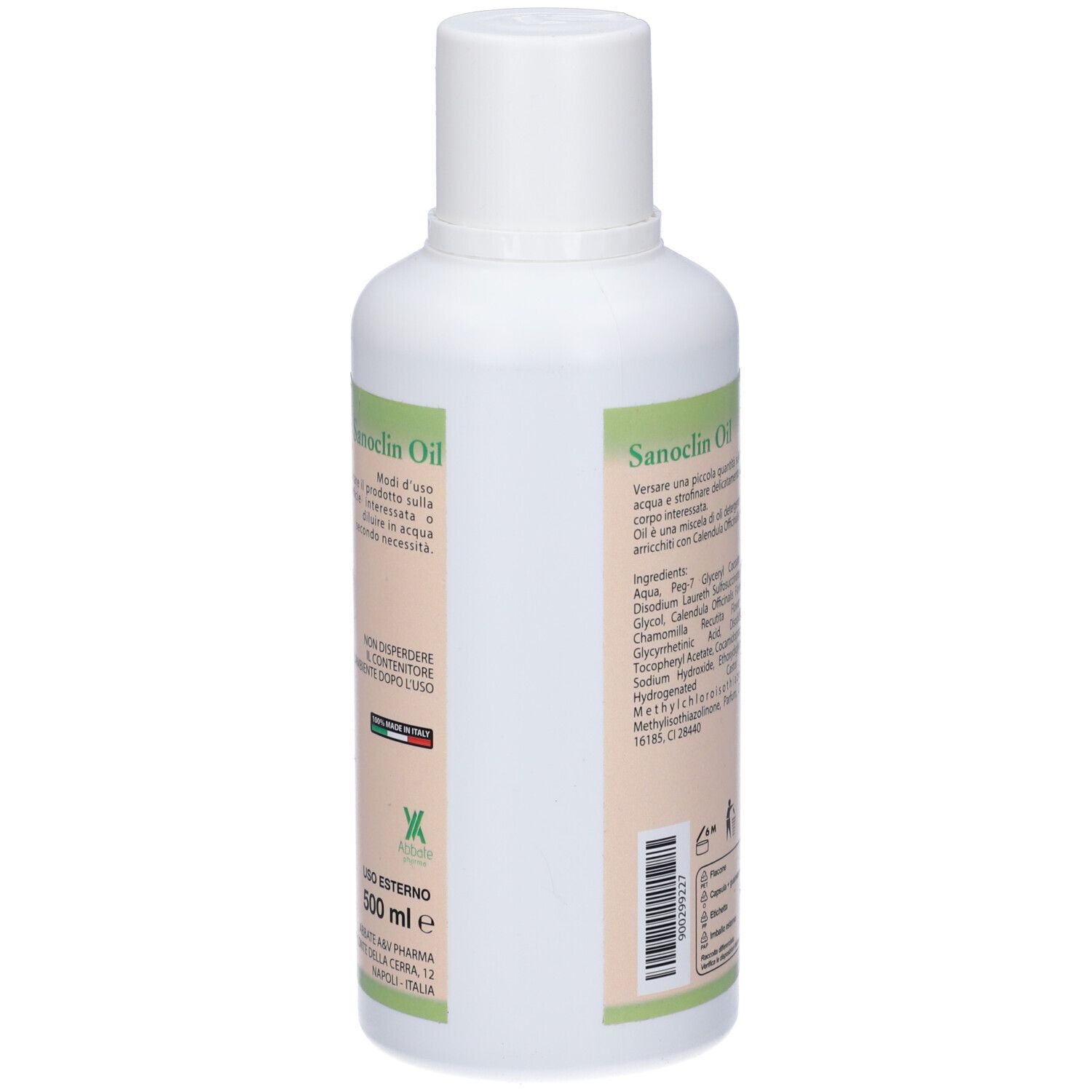 Vista posteriore del flacone bianco. Etichetta con testo in italiano. 500 ml. Prodotto in Italia.