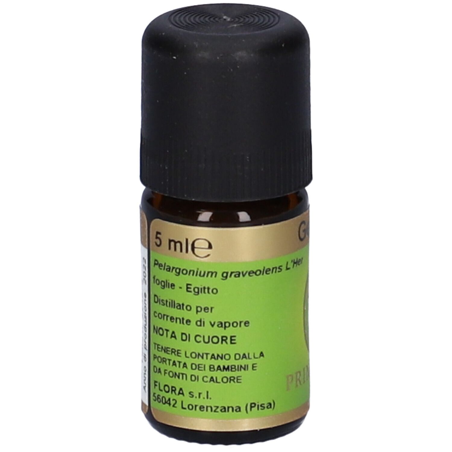 Flacone marrone con tappo nero. Etichetta con testo: 5 ml, Pelargonium graveolens, e altre informazioni.
