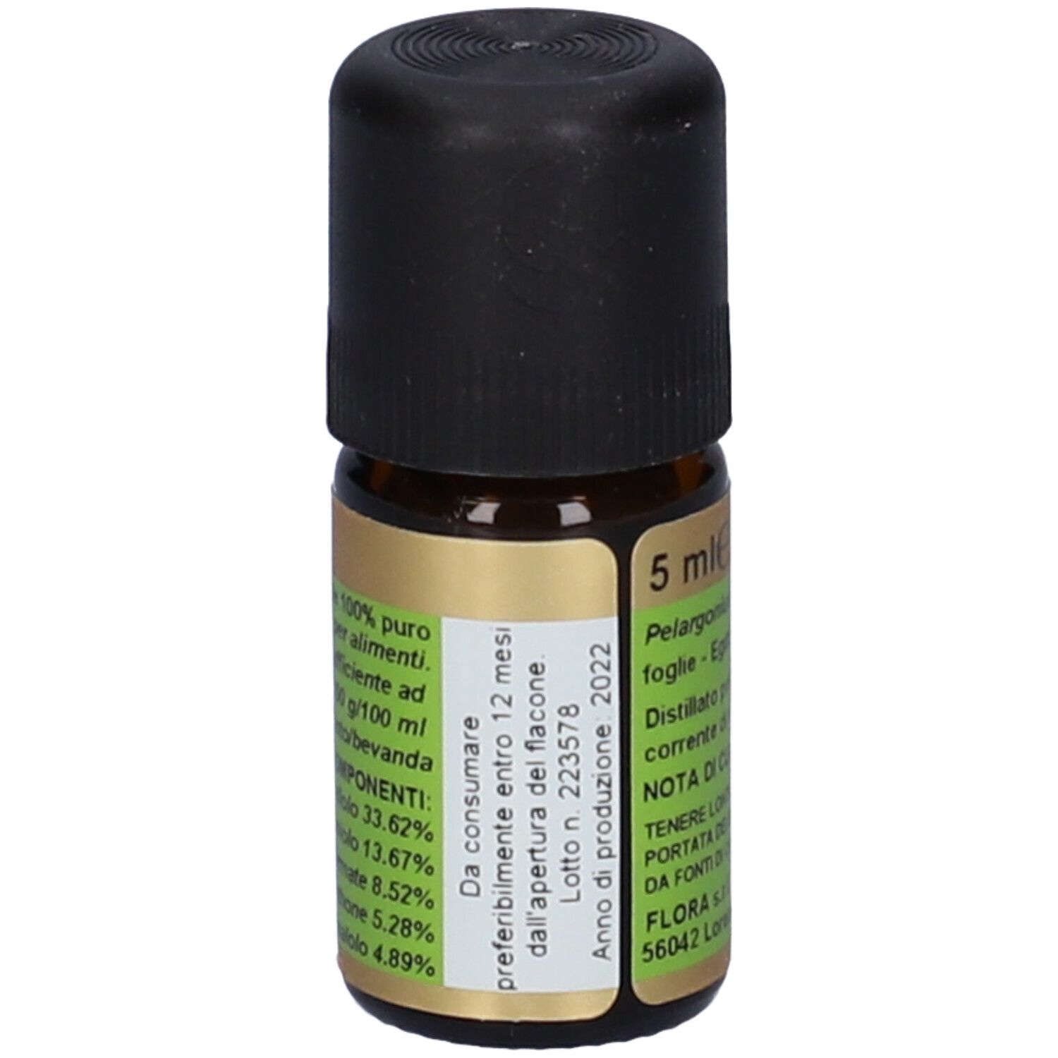 Flacone marrone con tappo nero. Etichetta con testo: 5 ml, ingredienti, e data di scadenza.