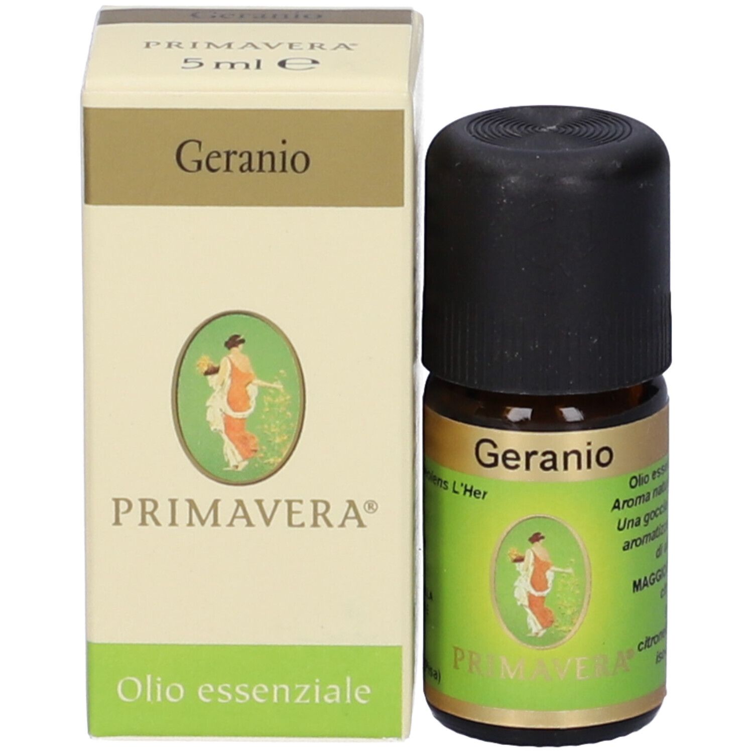 Flacone marrone con tappo nero e confezione in cartone. Scritta Geranio e logo Primavera.