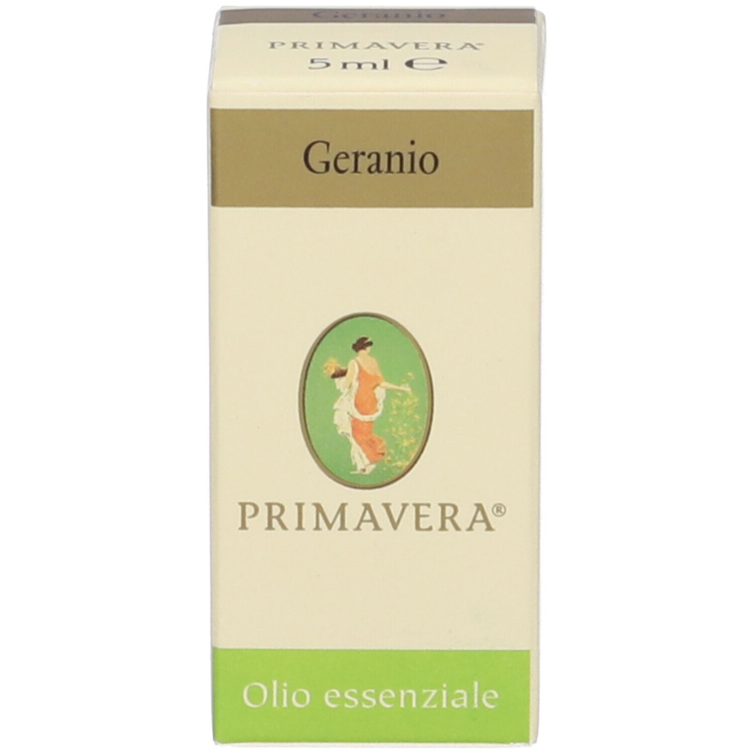 Confezione in cartone con scritta Geranio, 5 ml e logo Primavera. Colori beige e verde.