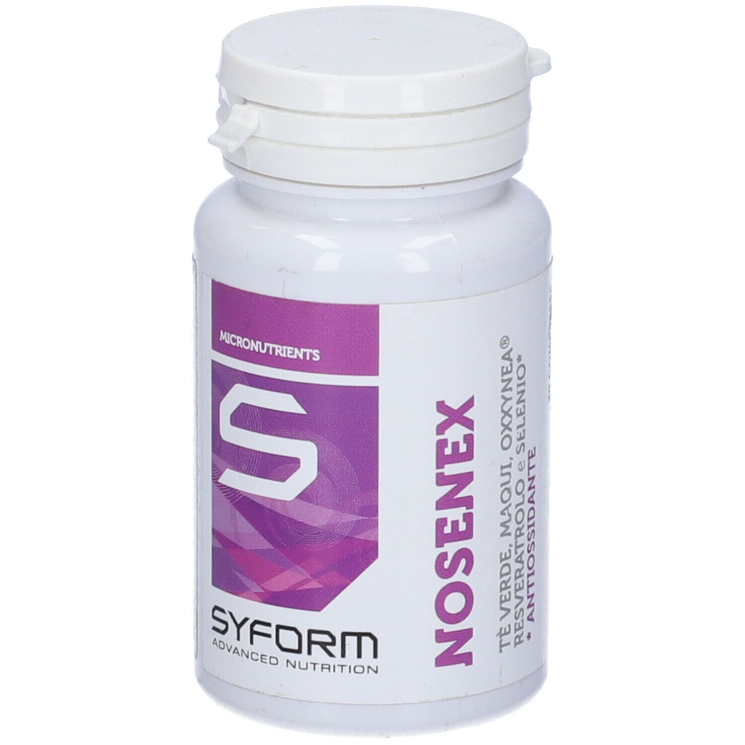 Flacone bianco con etichetta viola. Scritta: Nosenex, Syform. Contiene 30 compresse. Tappo con chiusura a ribalta.