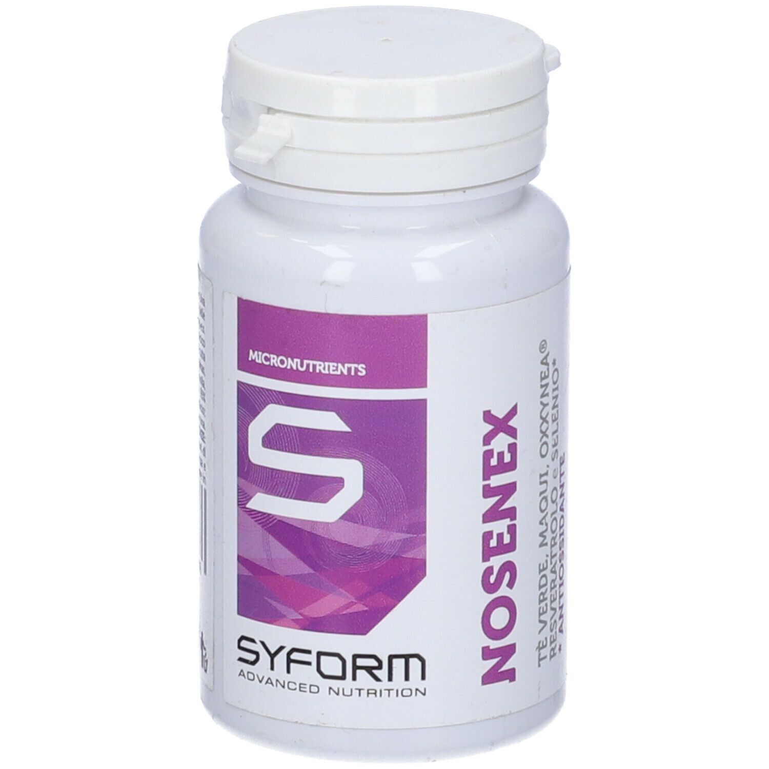 Flacone bianco con etichetta viola. Scritta: Nosenex, Syform. Contiene 30 compresse. Tappo con chiusura a ribalta.