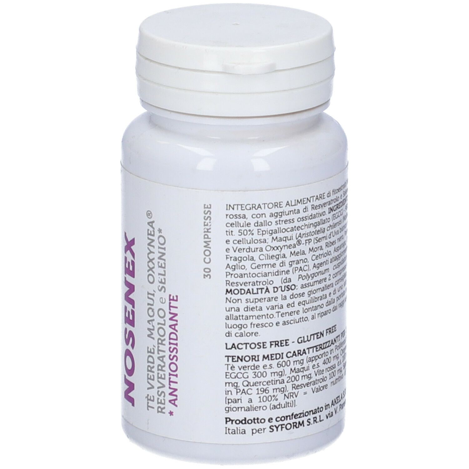 Flacone bianco con etichetta viola. Scritta: Nosenex, Syform. Contiene 30 compresse. Tappo con chiusura a ribalta.