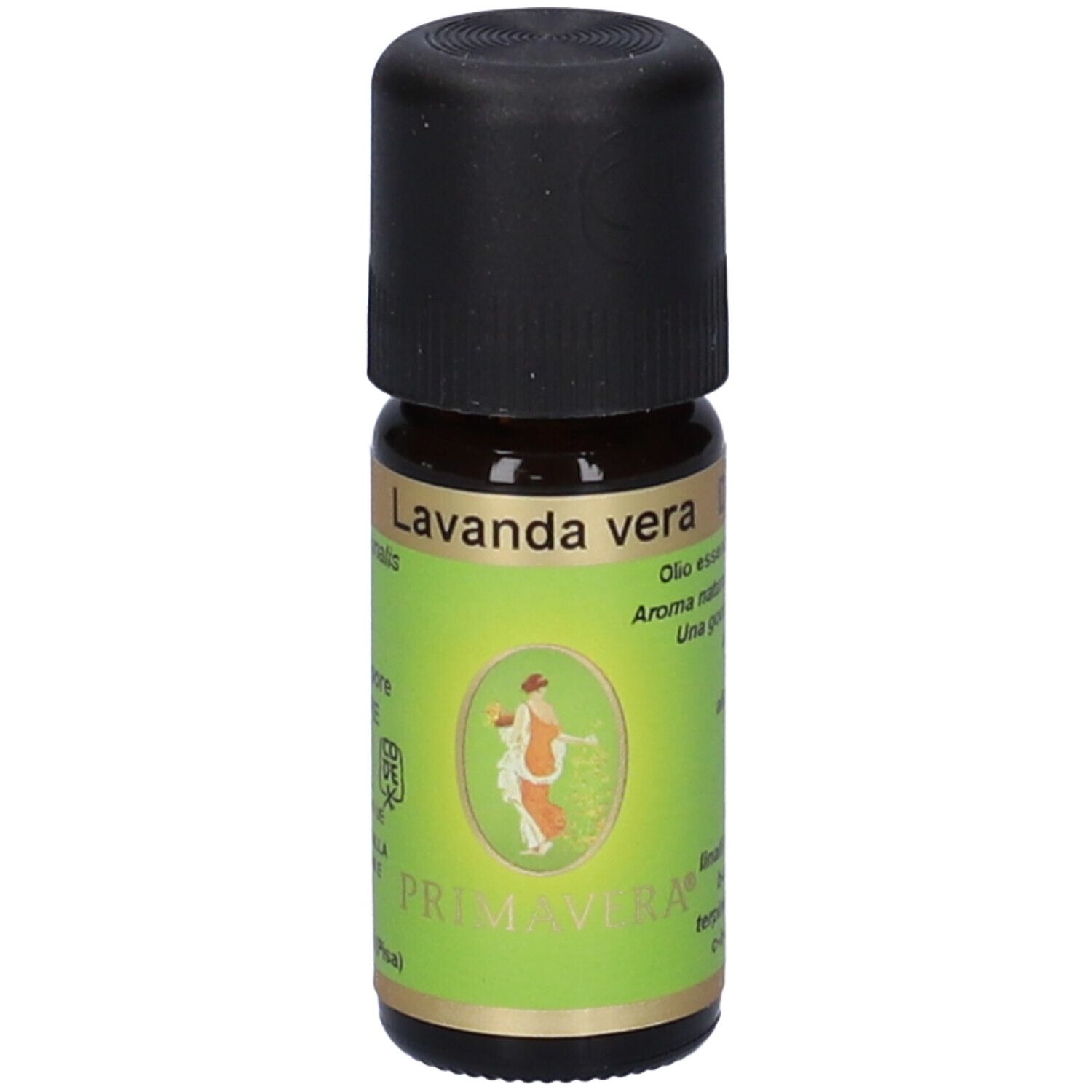 Flacone di vetro marrone con tappo nero. Scritta Lavanda vera e Primavera. Certificazione Demeter.