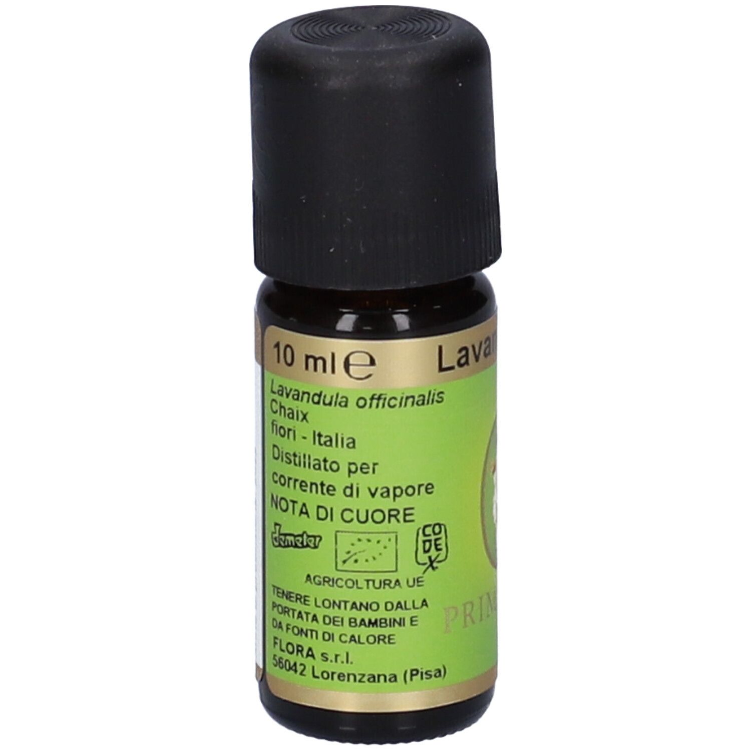 Flacone di vetro marrone con tappo nero. Scritta Lavanda vera, 10 ml. Certificazione Demeter.