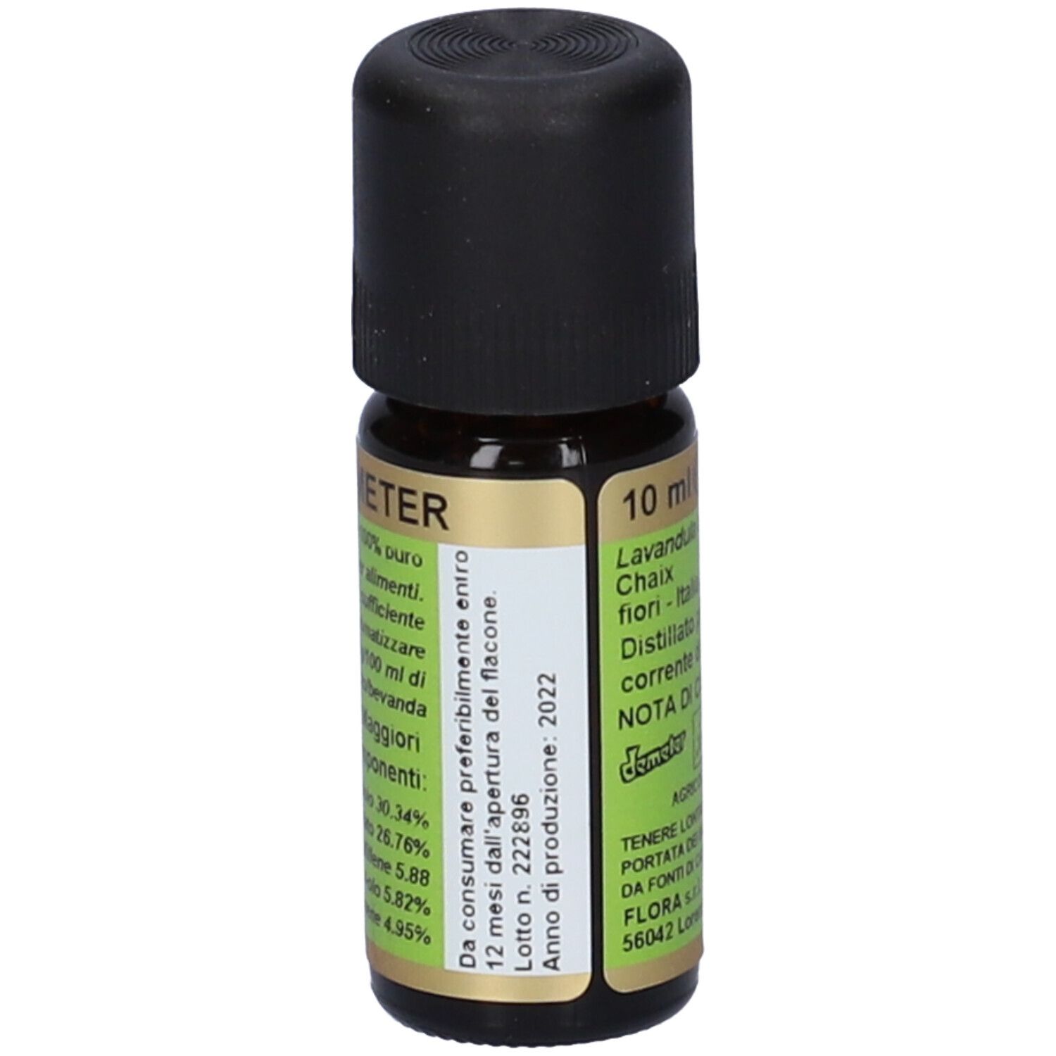 Flacone di vetro marrone con tappo nero. Scritta Lavanda vera, 10 ml. Certificazione Demeter.