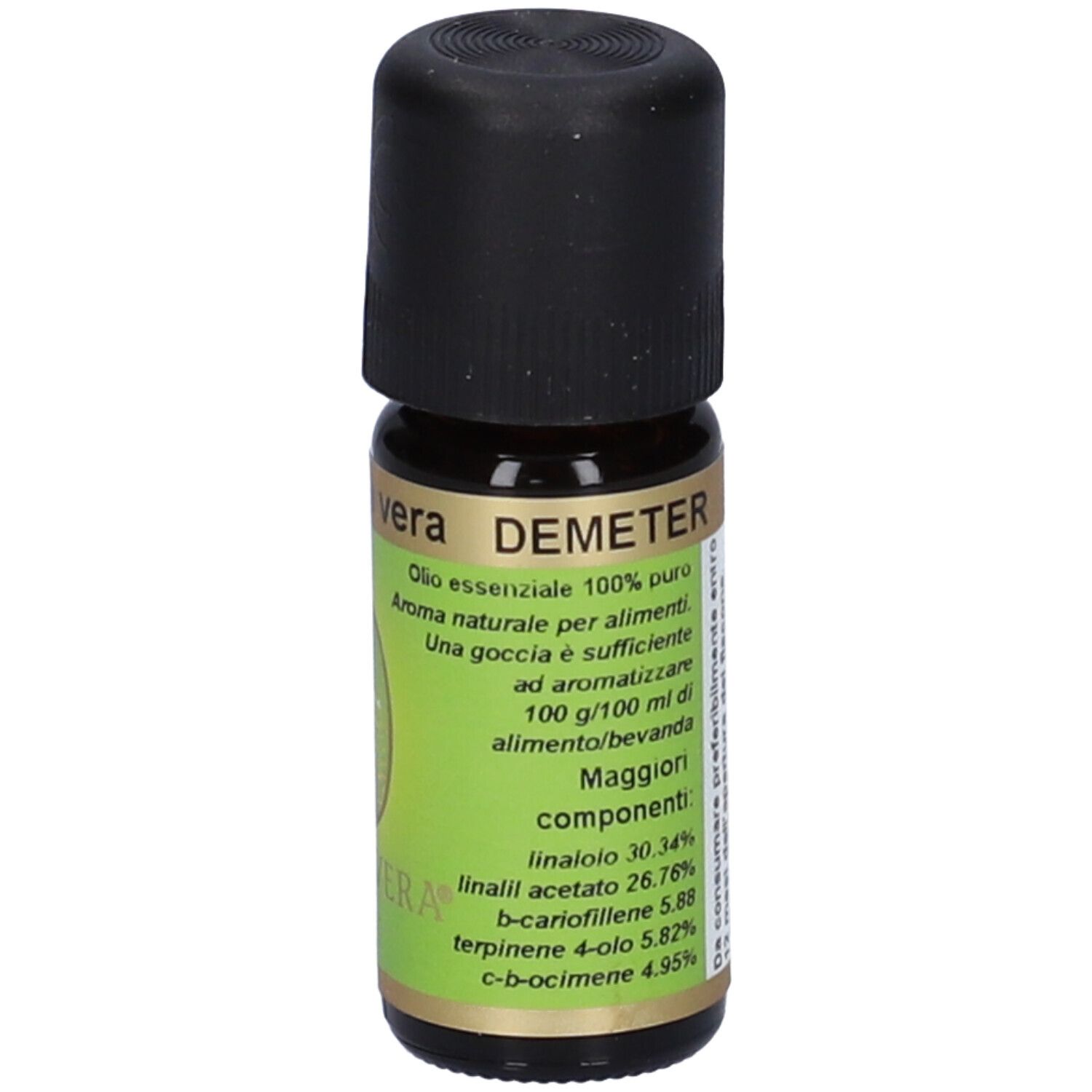 Flacone di vetro marrone con tappo nero. Scritta Lavanda vera, Demeter. Ingredienti.