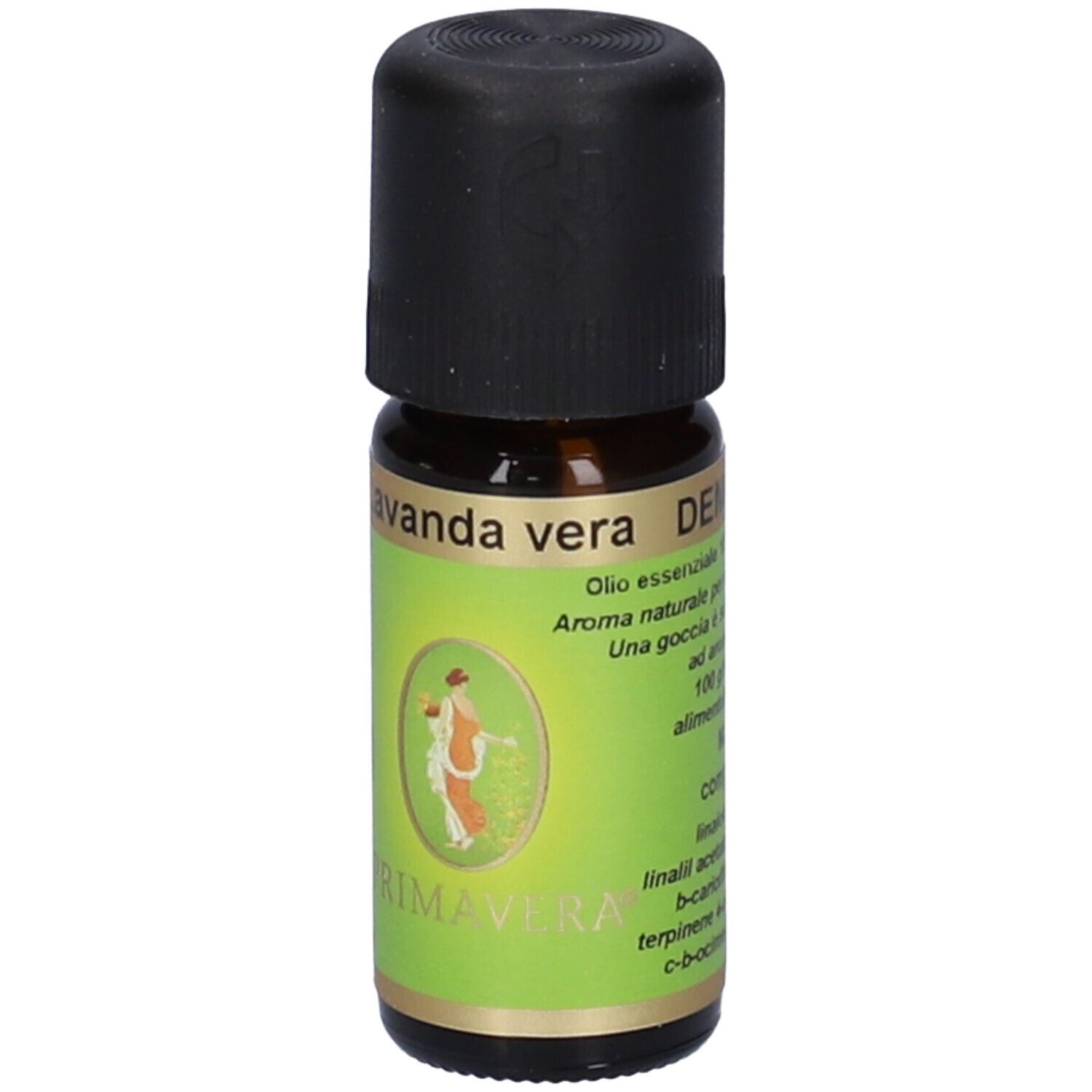 Flacone di vetro marrone con tappo nero. Scritta Lavanda vera, Demeter. Ingredienti.