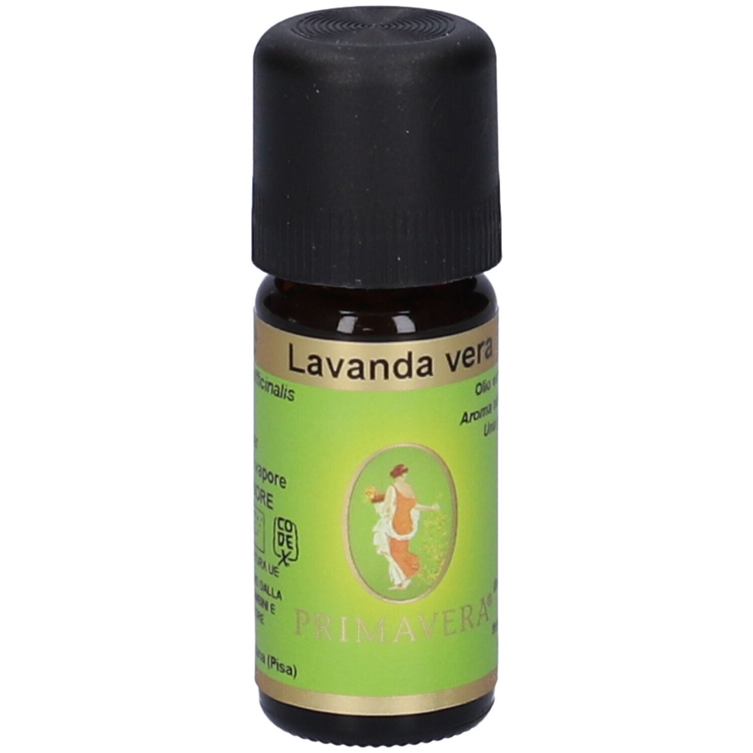 Flacone di vetro marrone con tappo nero. Scritta Lavanda vera, Demeter. Logo Primavera.