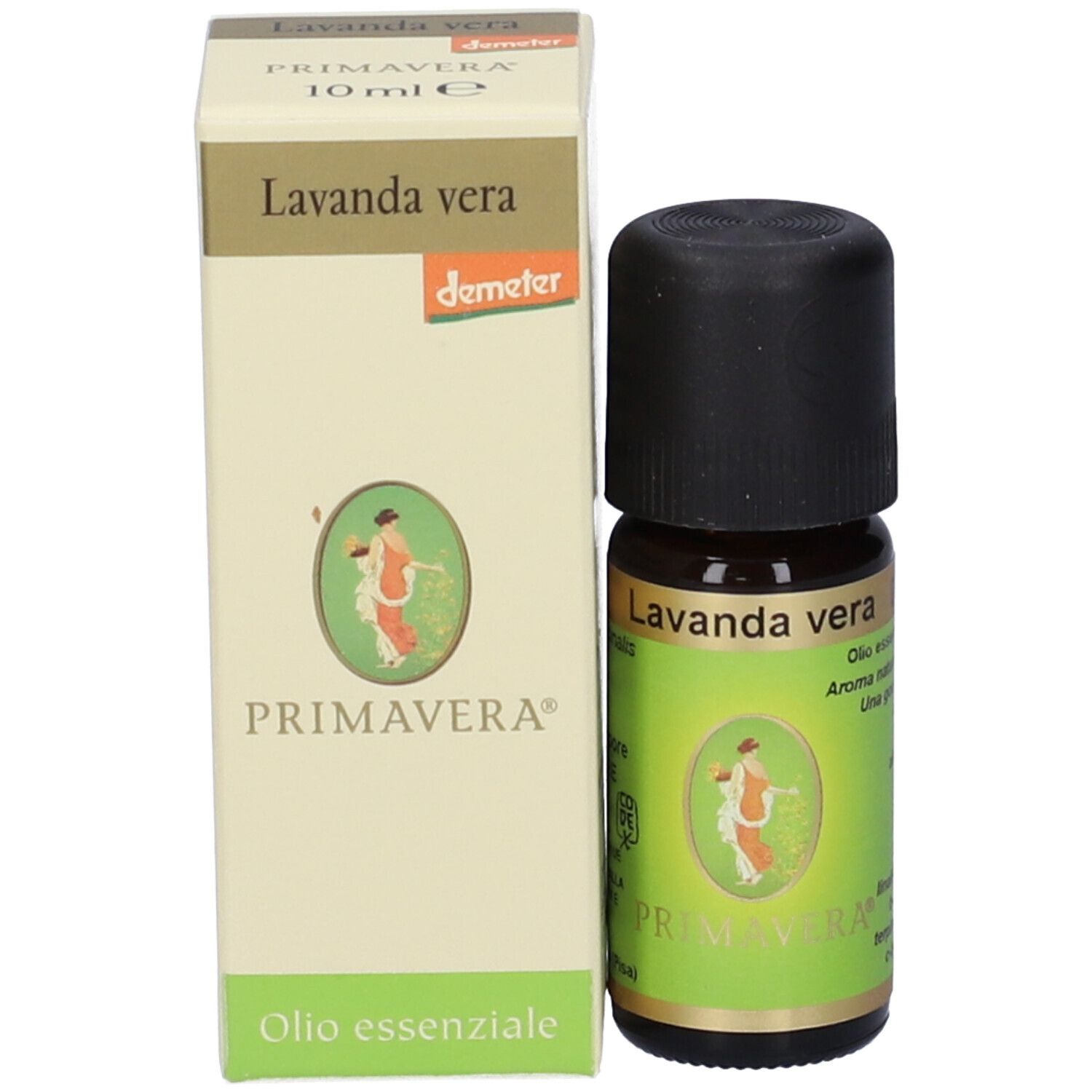 Flacone di vetro marrone con tappo nero e scatola. Lavanda vera, 10 ml. Primavera, Demeter.